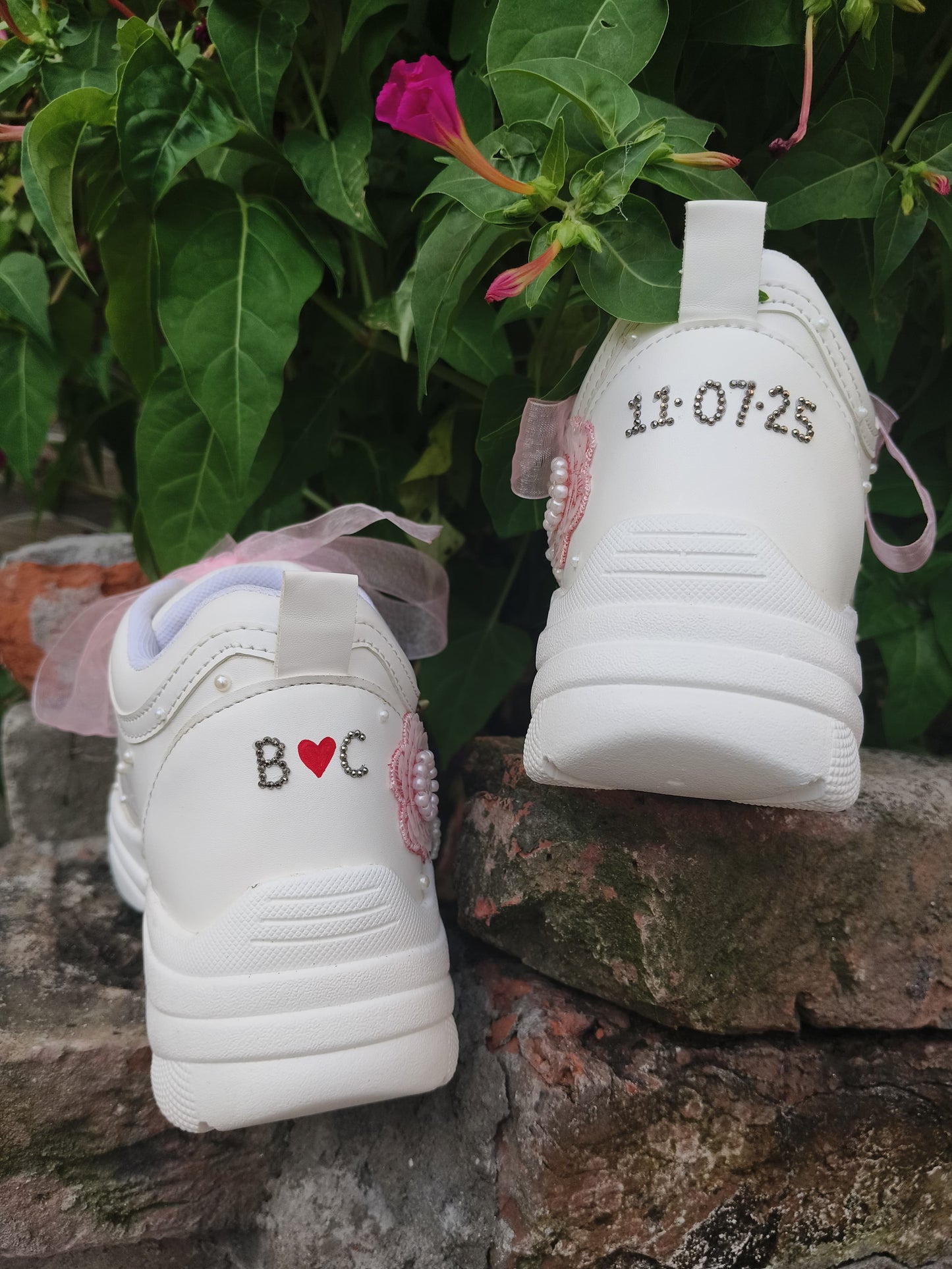 FUNKY N TRENDY purple/white/ pink lilac floral butterfly theme sneakers with pearls detailing for brides / bridesmaids with custom couple name initials/ pink shoes / peach shoes