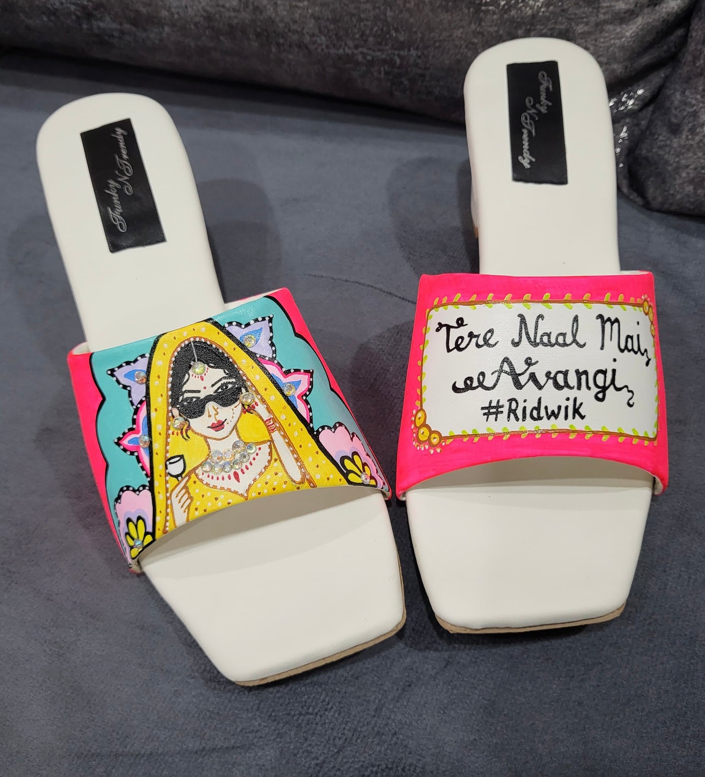 FUNKY N TRENDY hand painted water resistant wedding theme block heels for bride / handpainted heels / quirky heels/ kudi pataka sandals / kudi pataka heels / orange heels