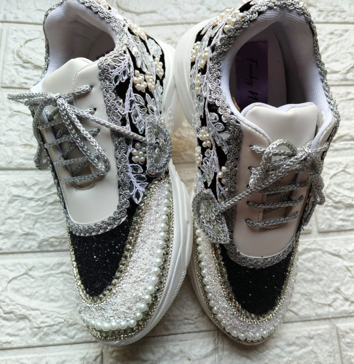 Funky N Trendy handcrafted mirror work bridal sneakers/ bridesmaid sneaker / black sneakers /black boho sneakers/ black shoes/ mirror sneakers/ black shoes