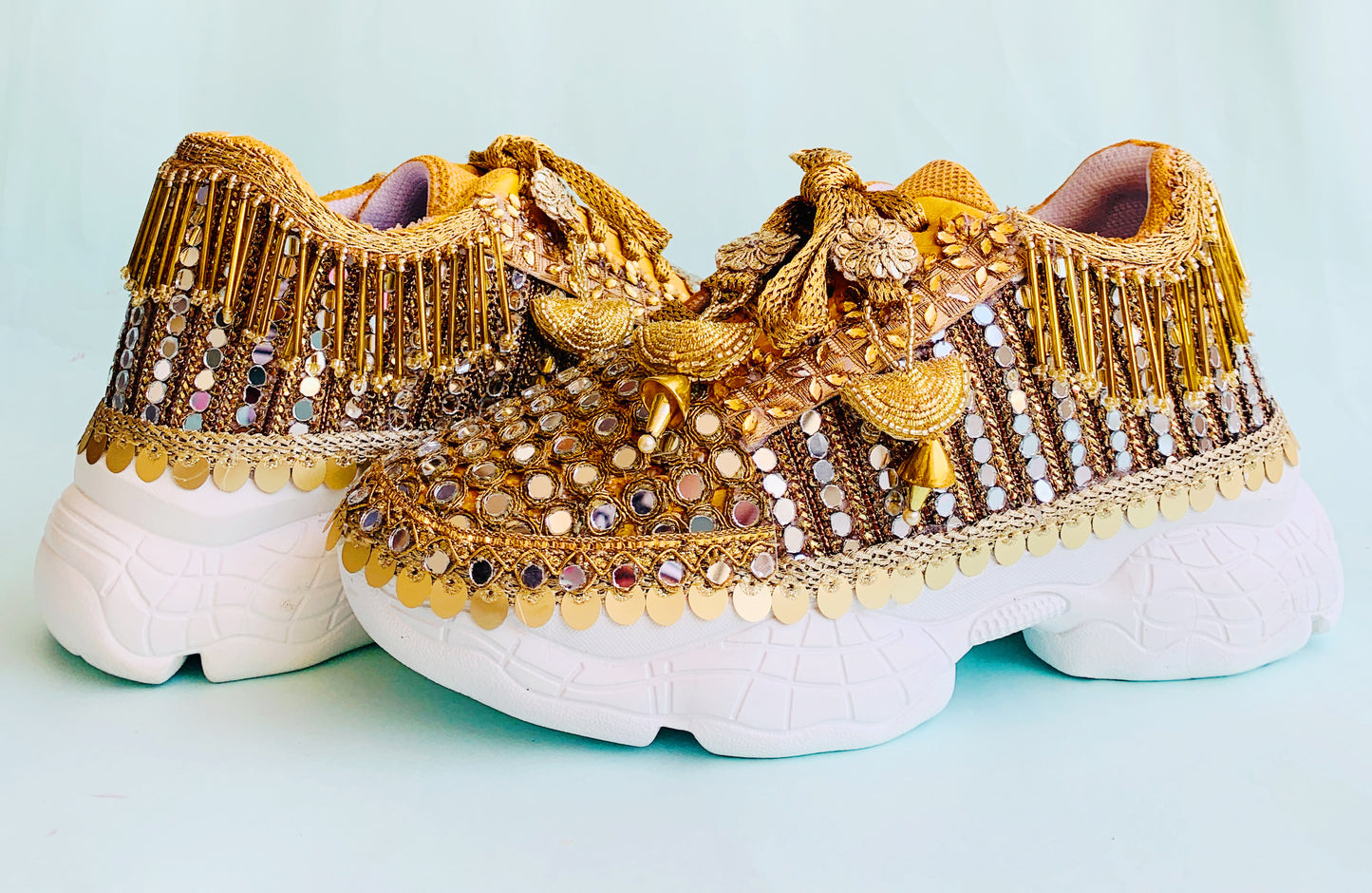FUNKY N TRENDY gold mirror heeled sneakers for brides and bridesmaids