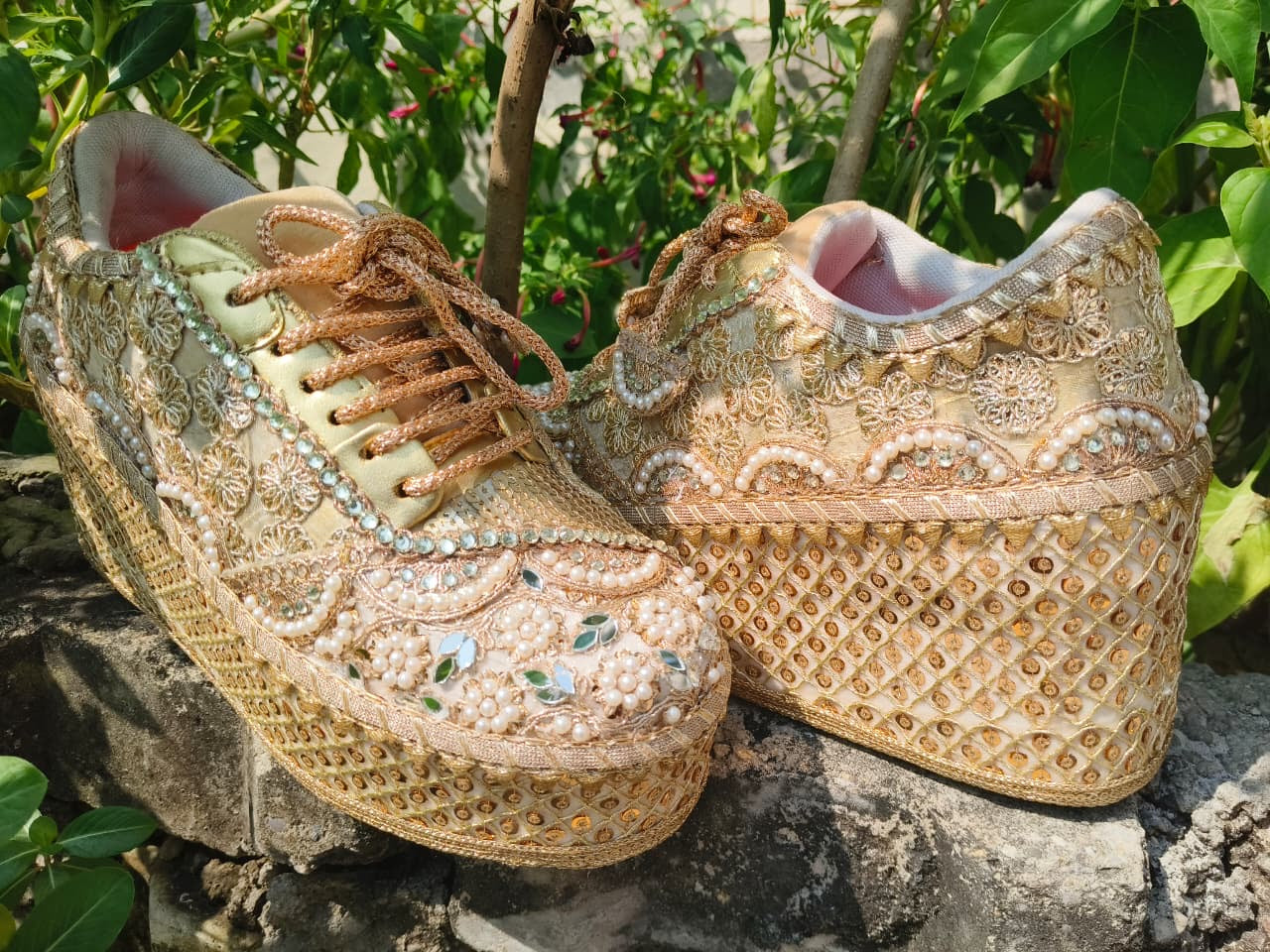 FUNKY N TRENDY Gold bridal sneakers - wedge sneakers heeled sneakers/ golden sneakers