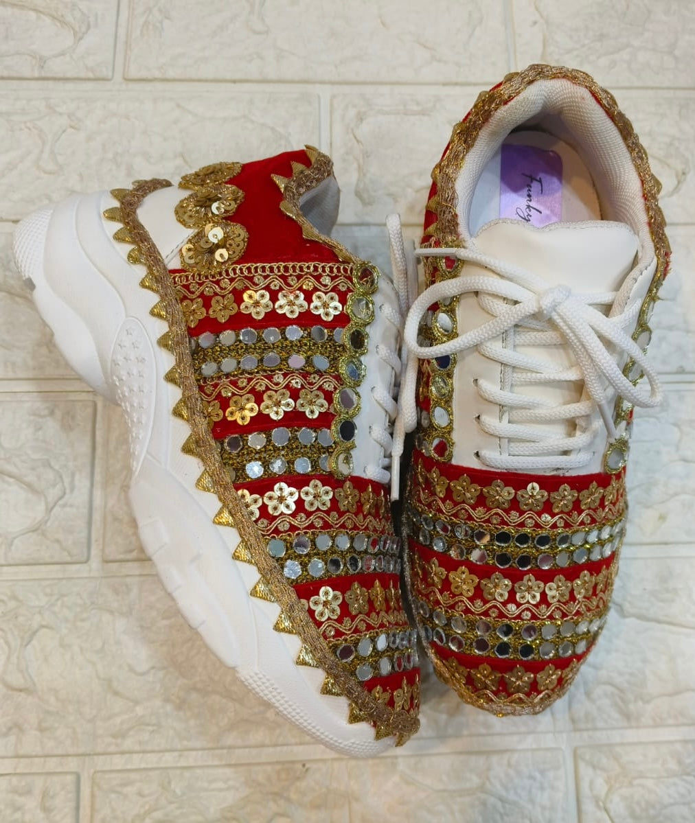 FUNKY N TRENDY red sneakers for brides /bridesmaids / sneakers for bridesmaids/ handcrafted sneakers/ mirror sneakers / bridal sneakers / bridesmaid sneakers/ gold sneakers / red sneakers