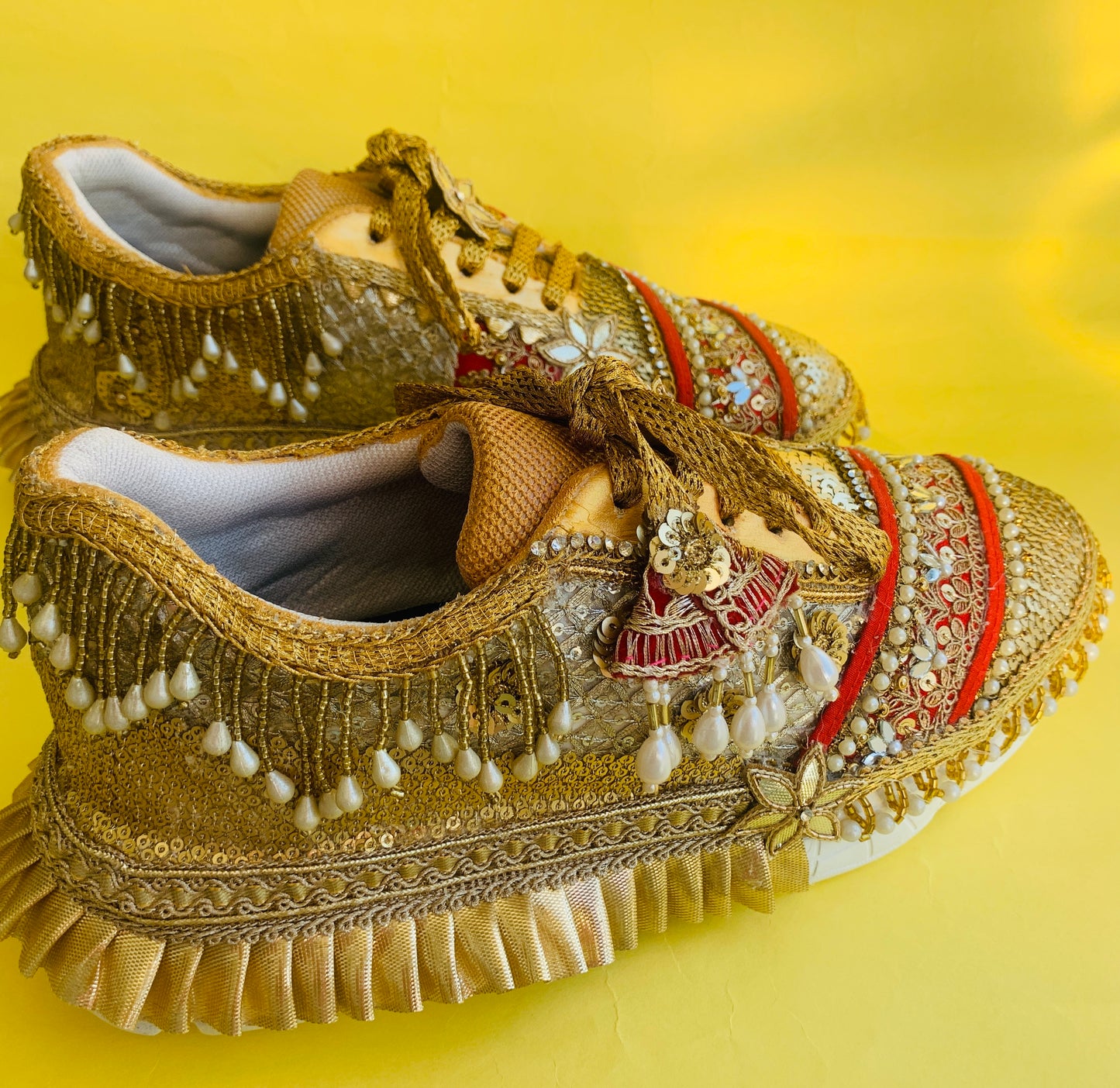 FUNKY N TRENDY red and gold sneakers for brides /bridesmaids / sneakers for bridesmaids/ handcrafted sneakers/ gold sneakers / bridal sneakers / bridesmaid sneakers/ gold sneakers / red shoes