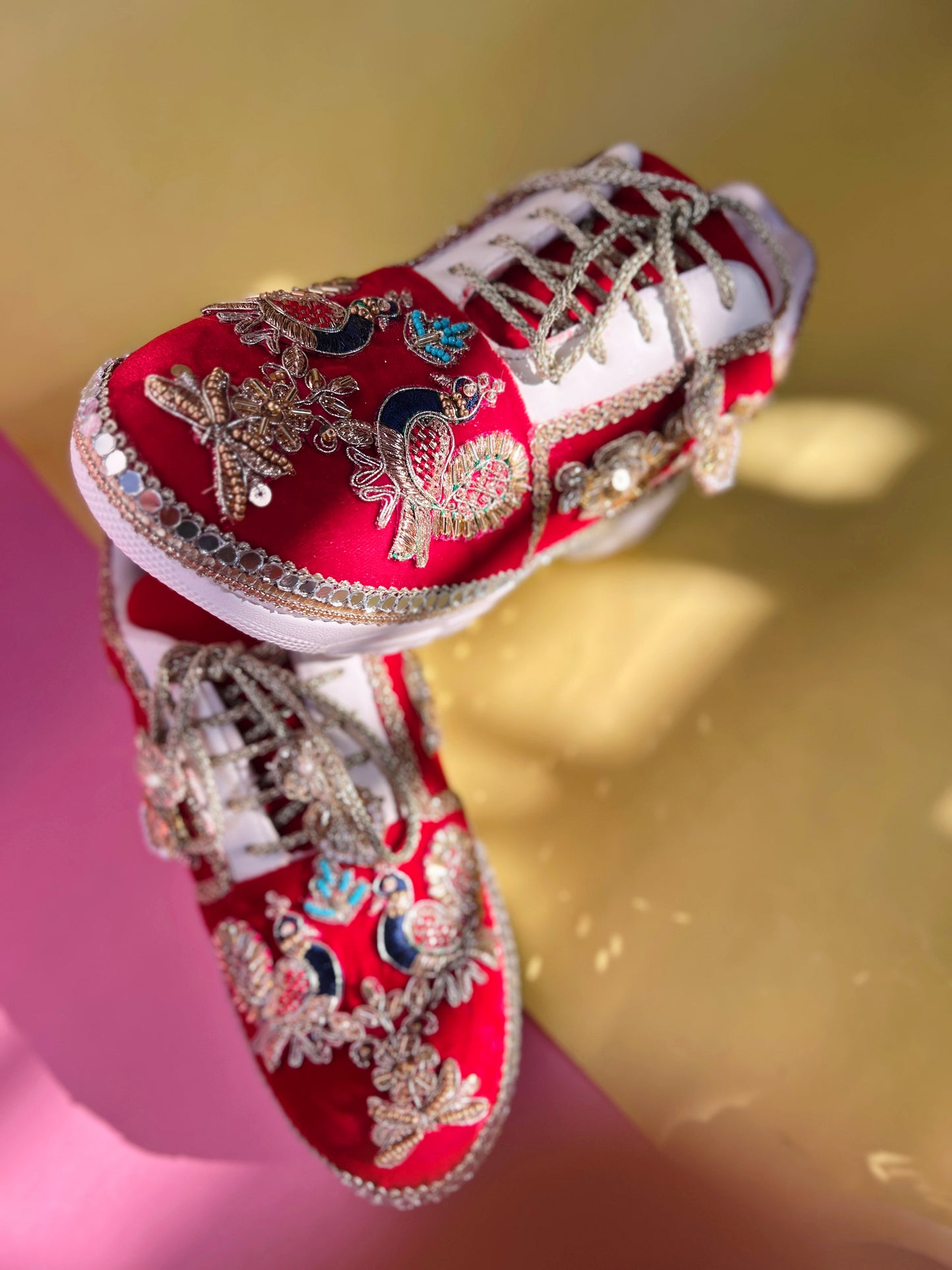 Funky N Trendy Peacock Magic Red Bridal Sneakers – Dance-Ready & Personalised