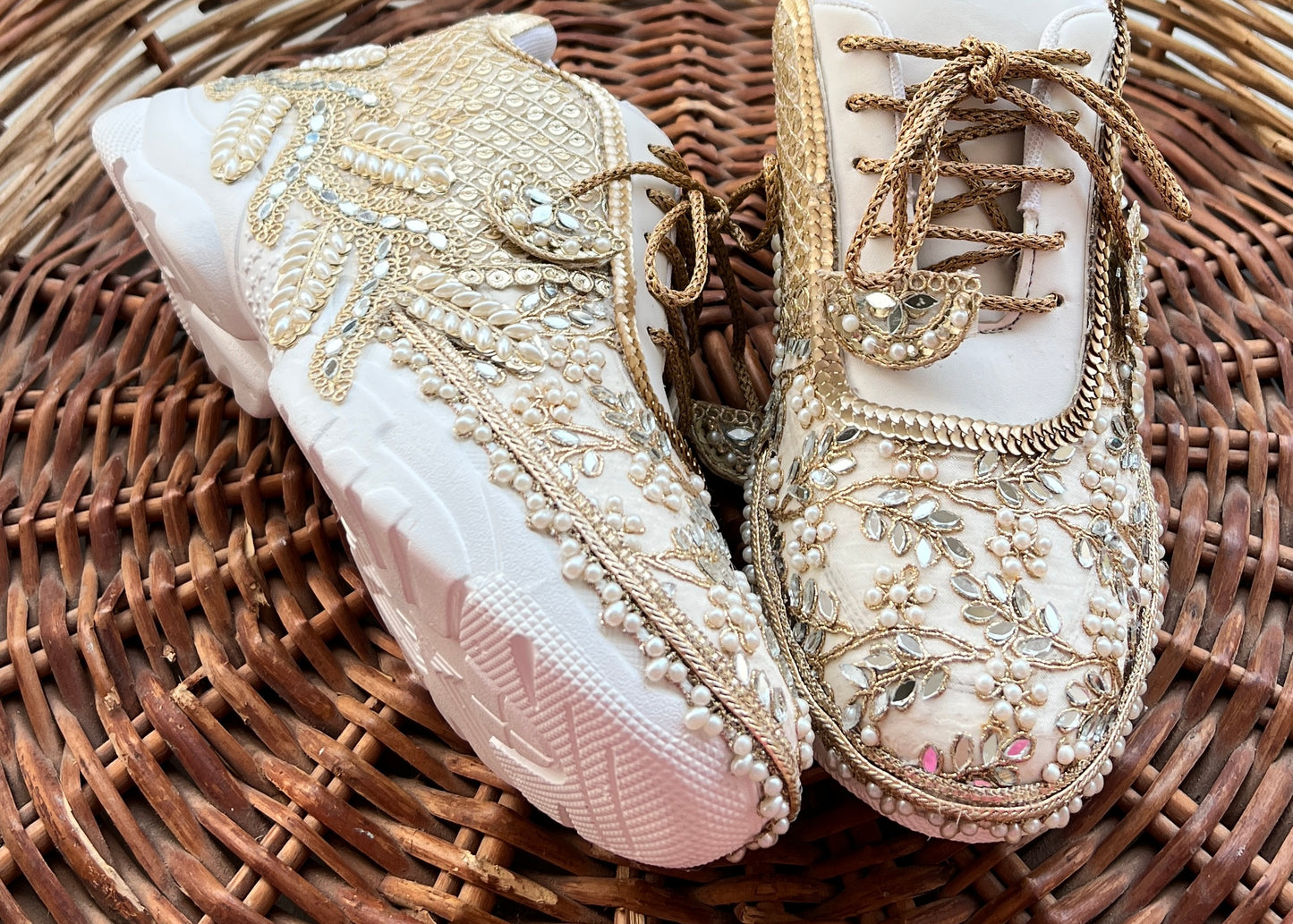Funky N Trendy ivory / embroidery work bridal sneakers/ bridesmaid sneaker / hancrafted sneakers / gold sneakers / golden sneakers/ mirror sneakers / pearl sneakers