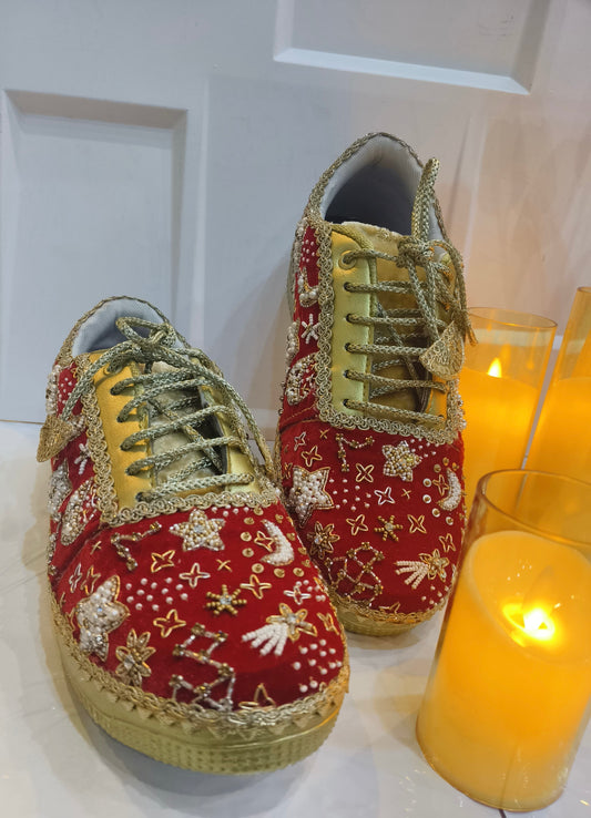 Galaxy Theme Red & Gold Bridal Sneakers with Hand Embroidery – Custom Wedding Shoes for Bride