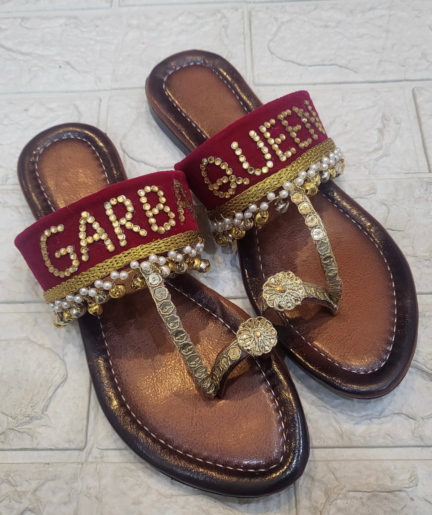 FUNKY N TRENDY hand crafted Garba/ Dandiya theme rani kolhapuri for women / handcrafted flats / quirky flats/ Garba Queen kolhpauri / customised flats / pink flats / haldi theme kolhapuri