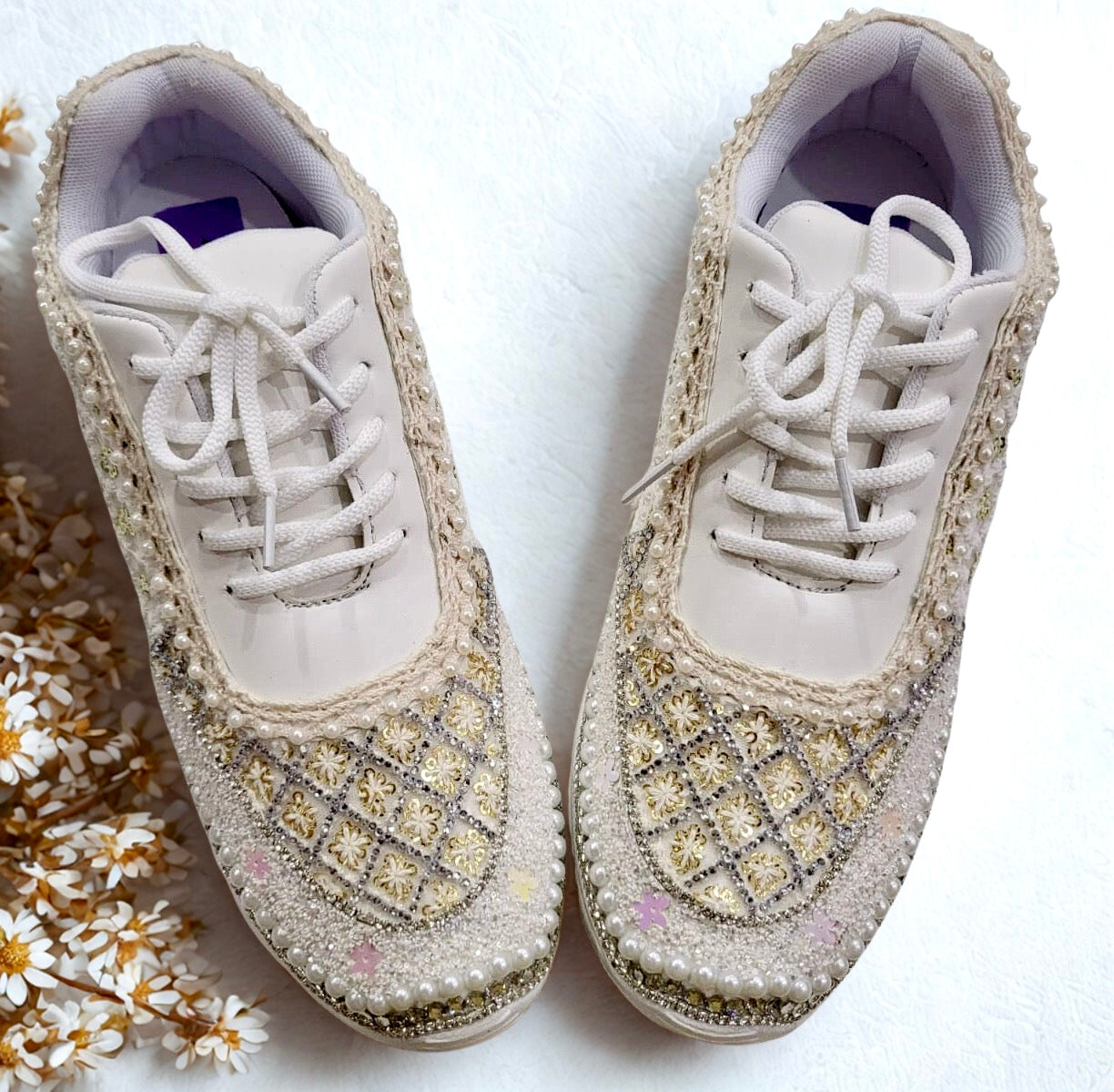 FUNKY N TRENDY Ivory Magic Bridal Sneakers – Custom Bead Detailing with pearls and swaroski