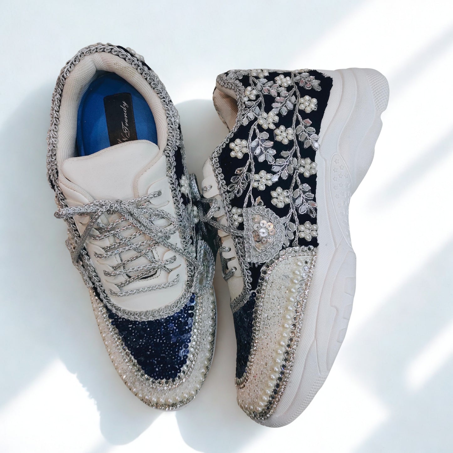 FUNKY N TRENDY Nevy blue and Silver hand work sneakers for brides / bridesmaids/ boho sneakers / blue sneakers / nevy blue shoes