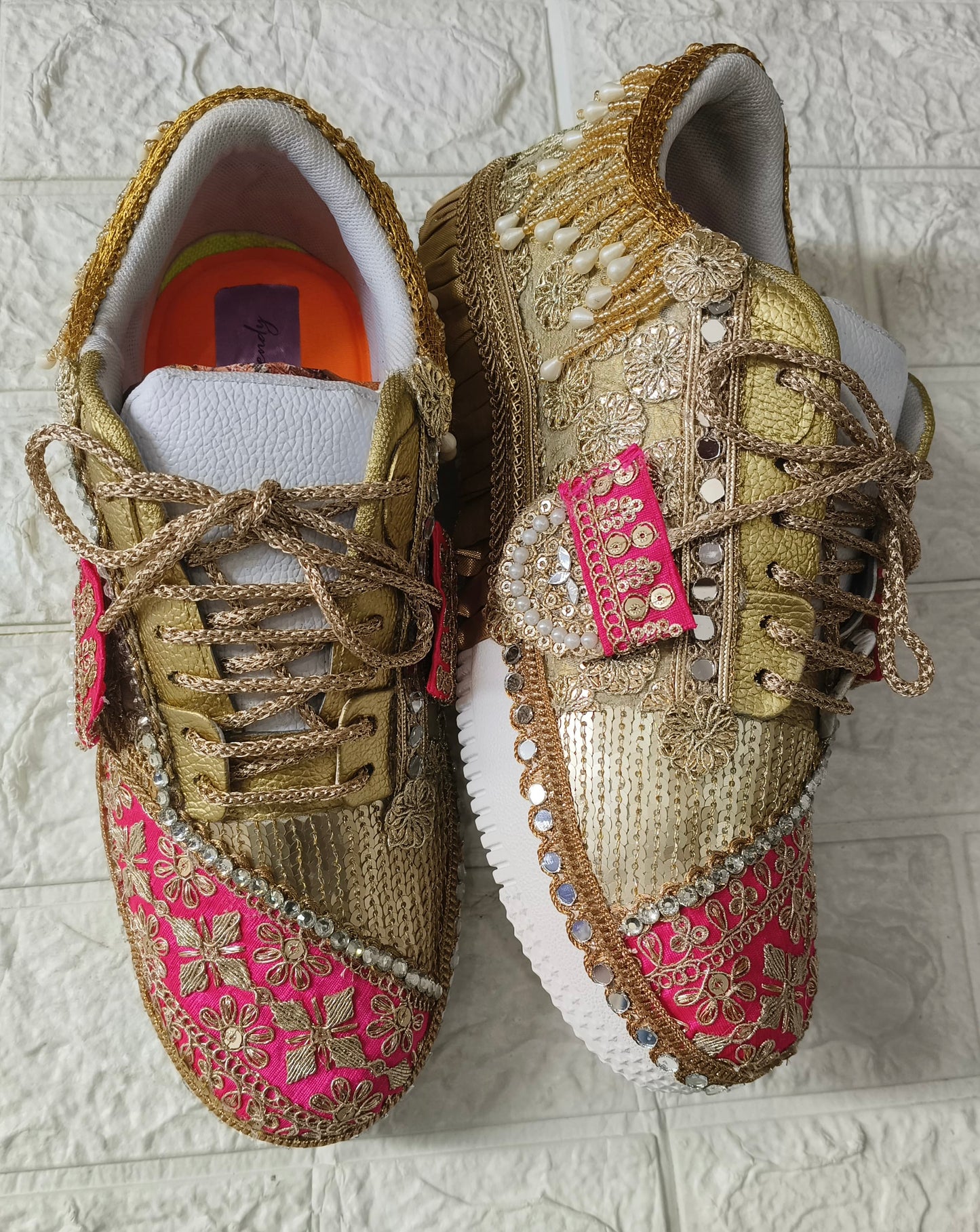 FUNKY N TRENDY hot pink sneakers with rhinestone detailing for brides /bridesmaids / sneakers for bridesmaids/ handcrafted sneakers/ sequine sneakers / bridal sneakers / bridesmaid sneakers/ pink sneakers / gold shoes/ rani pink sneakers