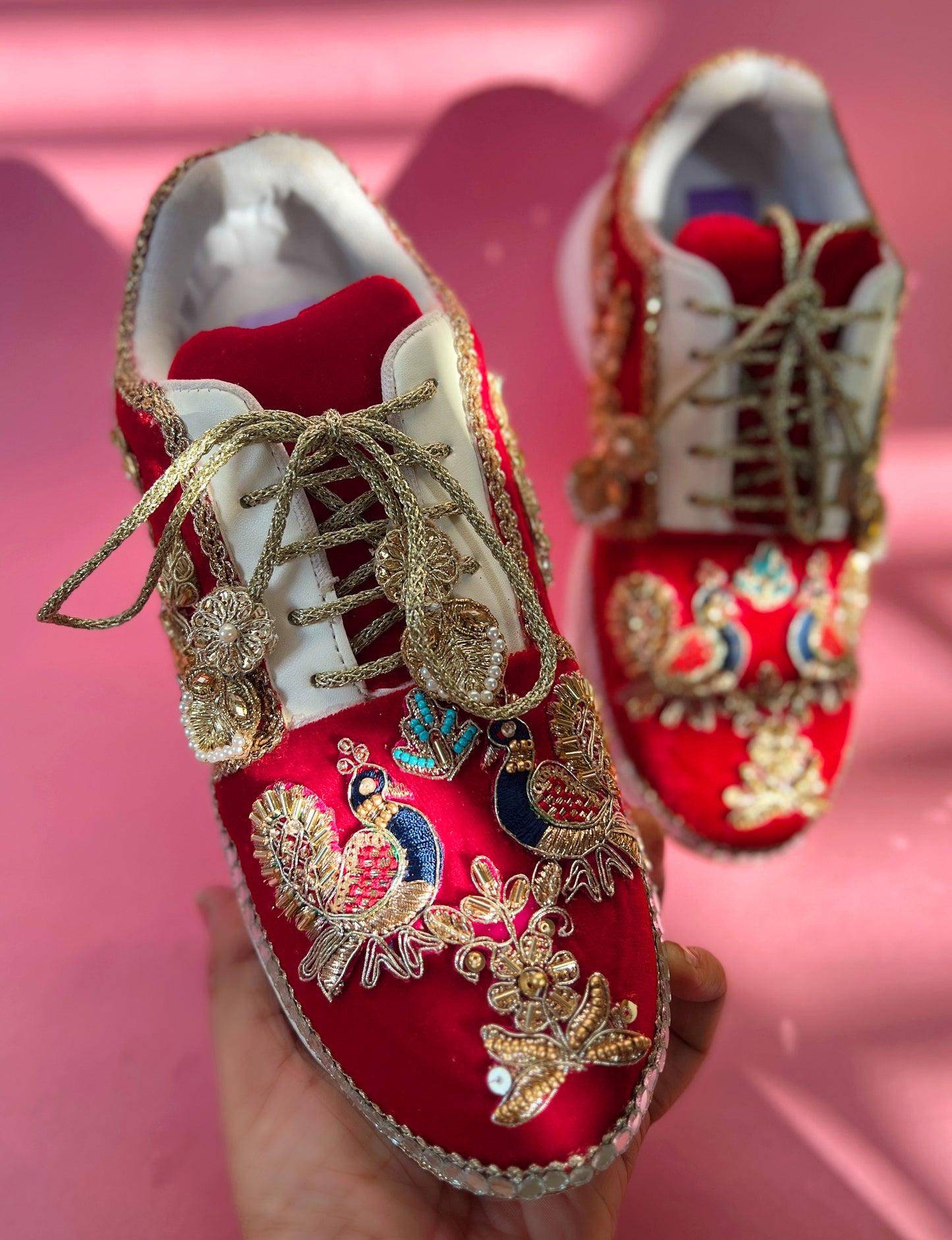 Funky N Trendy Peacock Magic Red Bridal Sneakers – Dance-Ready & Personalised