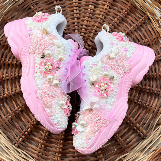 FUNKY N TRENDY pink/white floral butterfly theme sneakers with shells pearls detailing for brides / bridesmaids / bridal sneakers / bridesmaid sneakers / bridal shoes/ pink shoes / pink sneakers/ cocktail sneakers