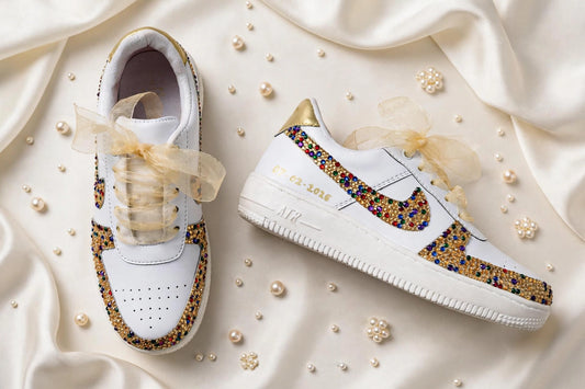 FUNKY N TRENDY multi colored rhinestone bridal sneakers / bridesmaid sneakers/ gold sneakers / gold shoes/stone sneakers studded shoes/ bride shoes/ white shoes