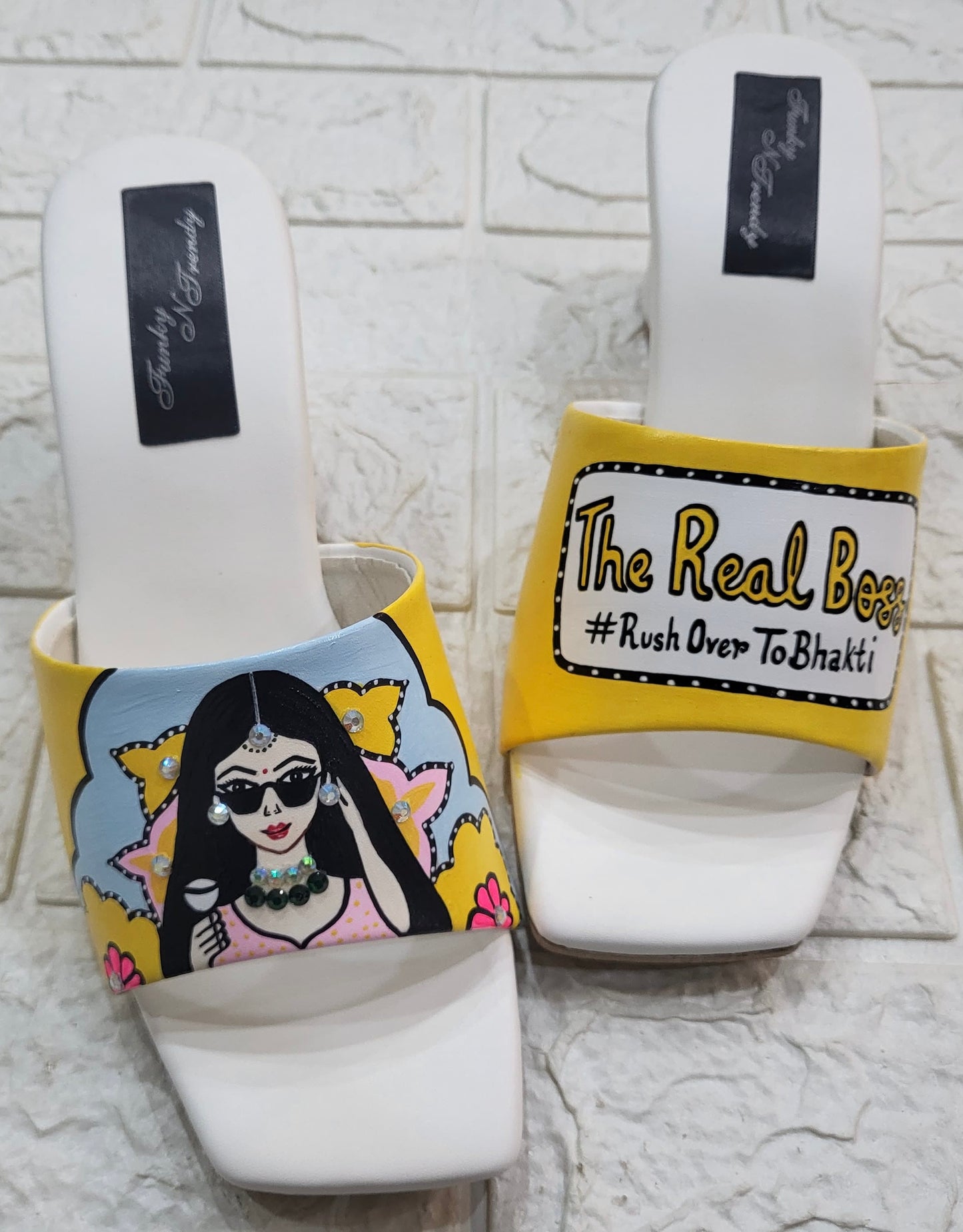 FUNKY N TRENDY hand painted water resistant wedding theme block heels for bride / handpainted heels / quirky heels/ kudi pataka sandals / kudi pataka heels / yellow heels/