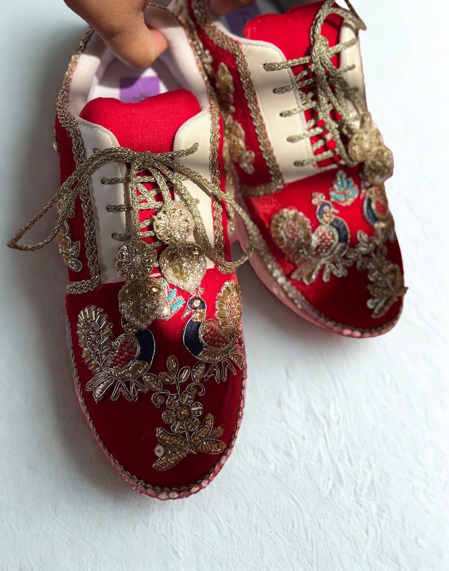 Funky N Trendy Peacock Magic Red Bridal Sneakers – Dance-Ready & Personalised