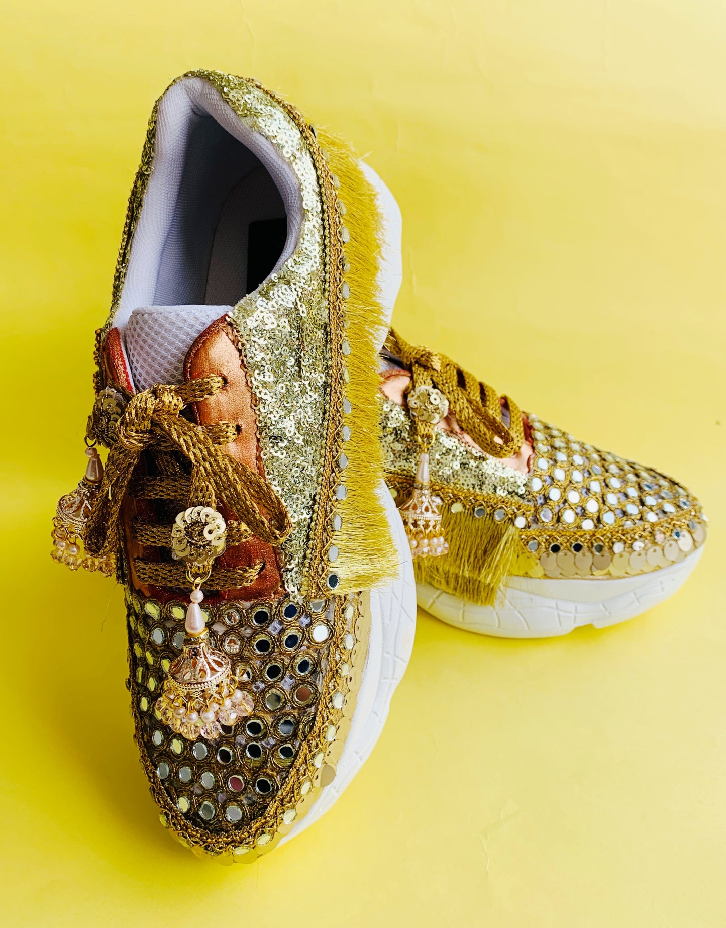 Funky N Trendy hand crafted golden mirror work bridal sneakers/ bridesmaid sneaker / golden sneakers/ gold sneakers / mirror sneakers