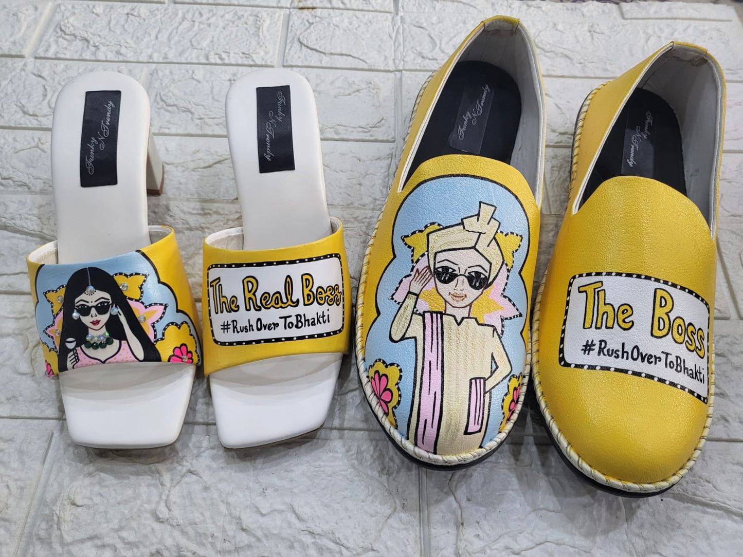 Funky N Trendy Couple footwear/ bridal footwear / groom footwear/ quirky footwear / couple shoes/funky bridal combos / wedding footwear/ couple footwear for haldi mahendi sangeet/hand painted heels/ wedges / yellow shoes for haldi