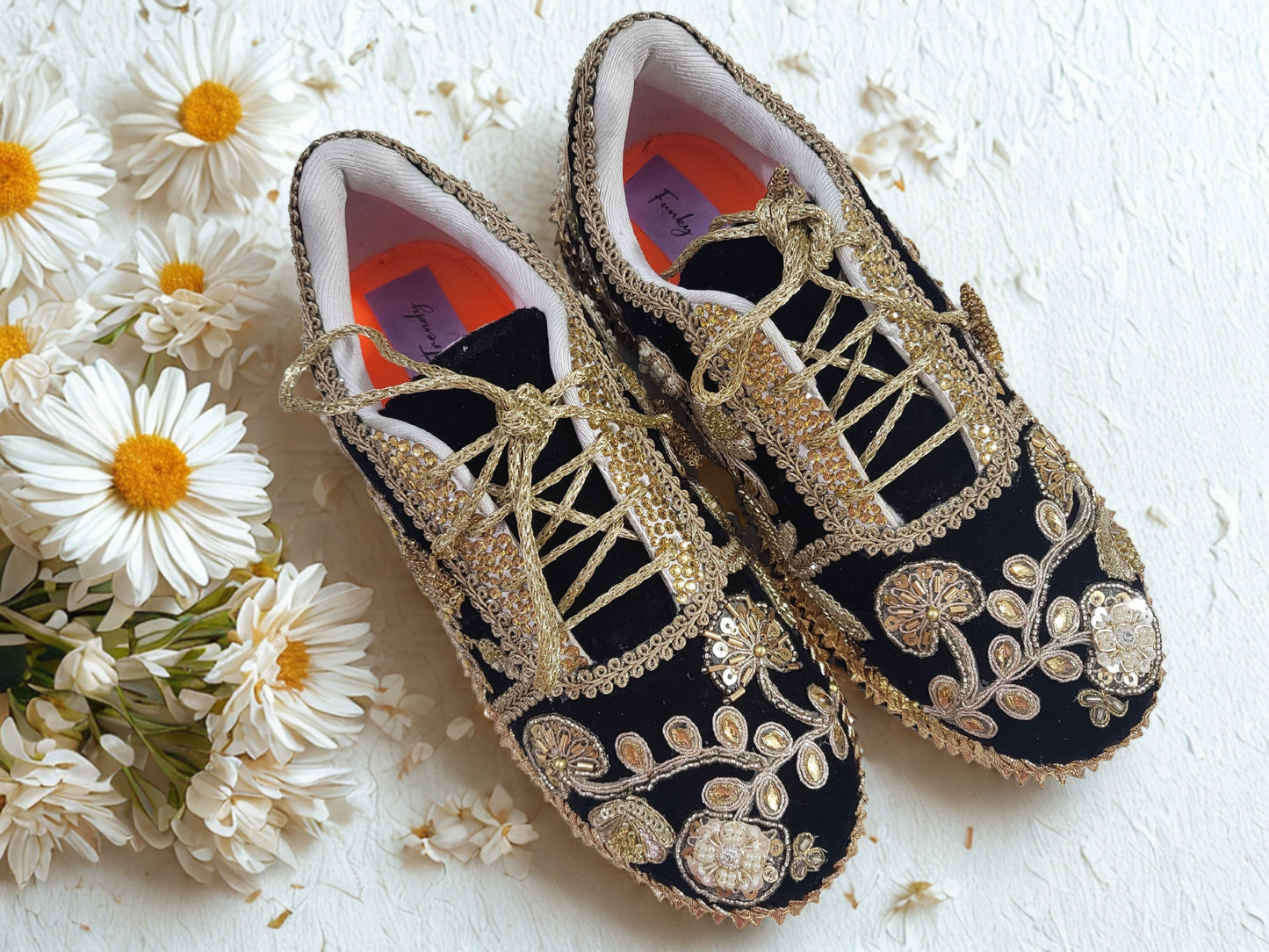 Funky N Trendy handcrafted hand embroidered cutdana work bridal sneakers/ bridesmaid sneaker / black sneakers /black boho sneakers/ black shoes/ unisex shoes / men shoes / women shoes