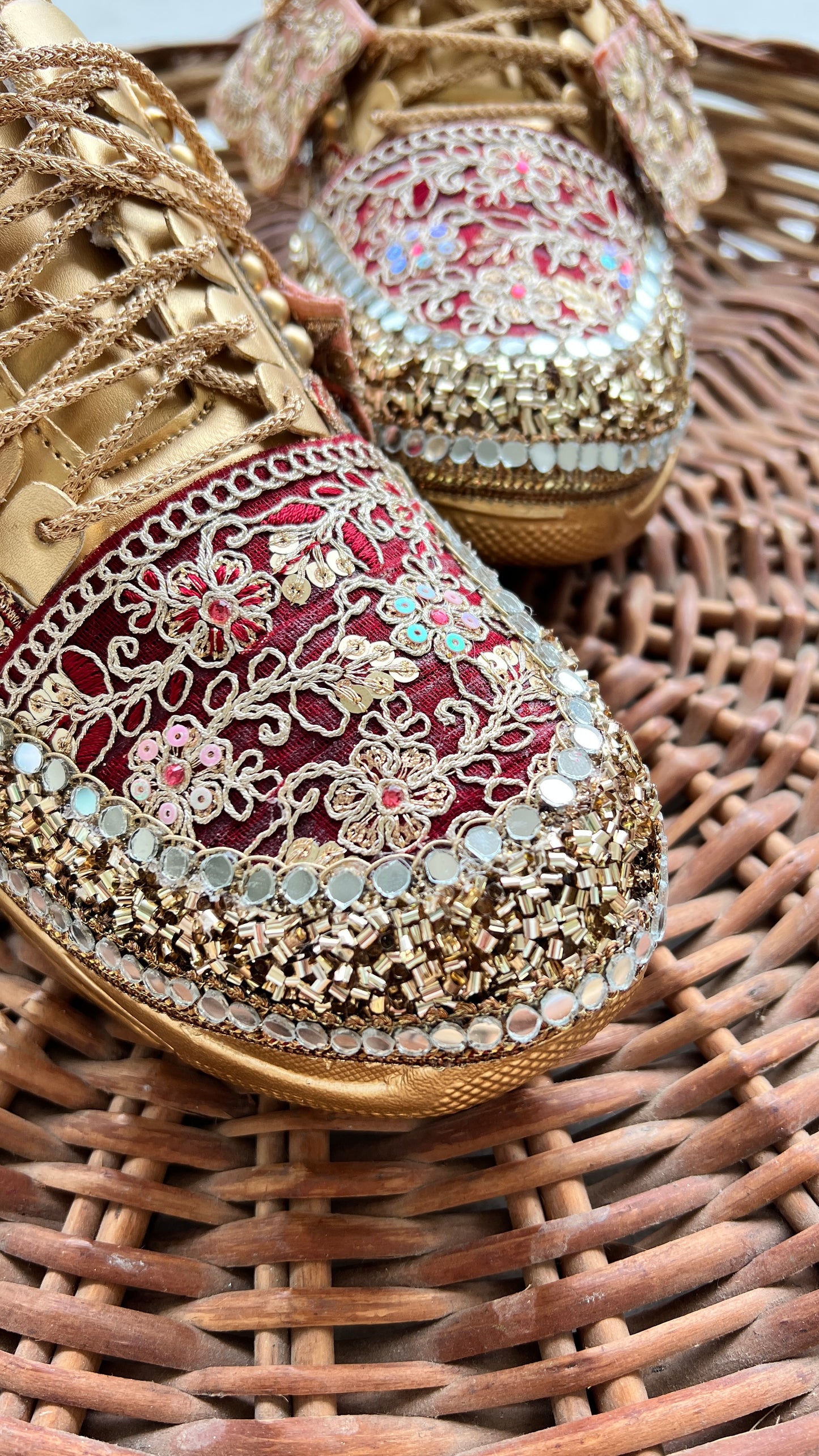 Funky N Trendy Maroon & Gold embroidery work bridal sneakers/ bridesmaid sneaker / golden sneakers/ Maroon sneakers / gold shoes