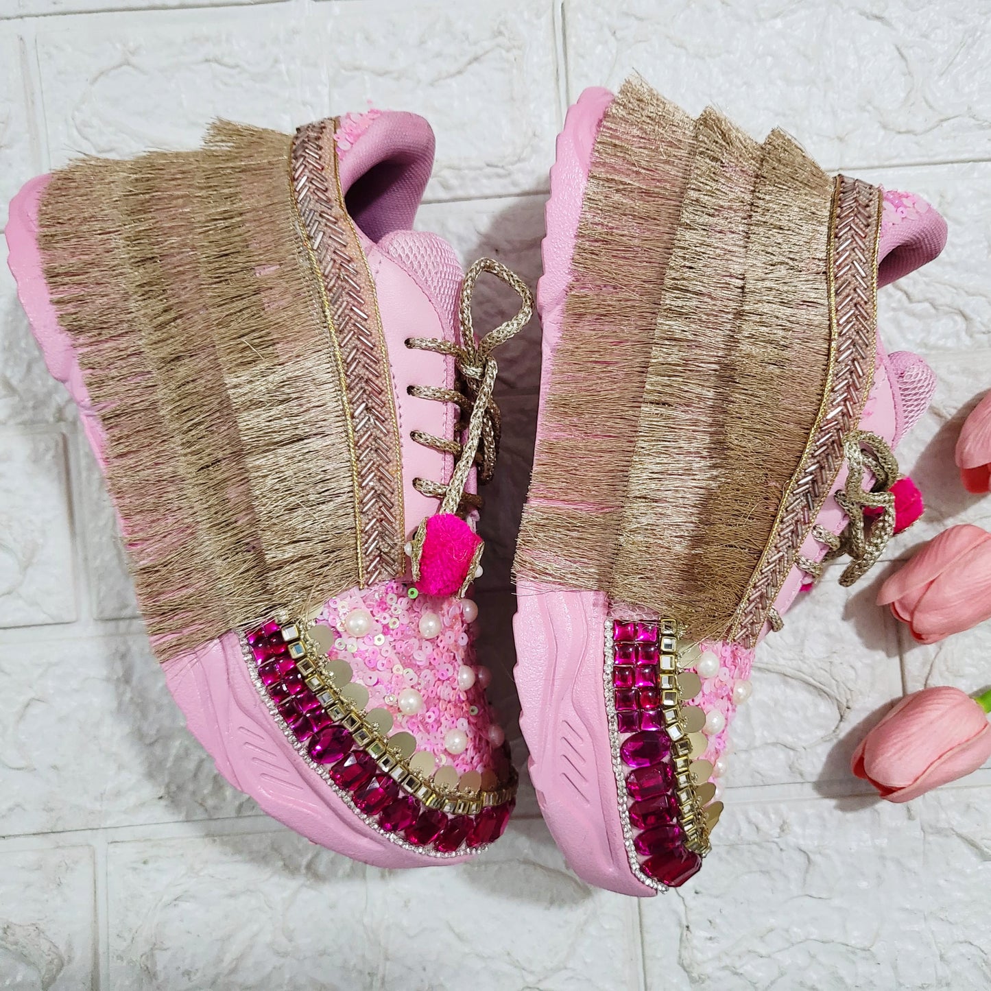 Funky N Trendy Hot pink sequine work with stone detailing bridal sneakers/ bridesmaid sneaker / golden sneakers/ hot pink sneakers / pink shoes for bride/ rani pink sneakers