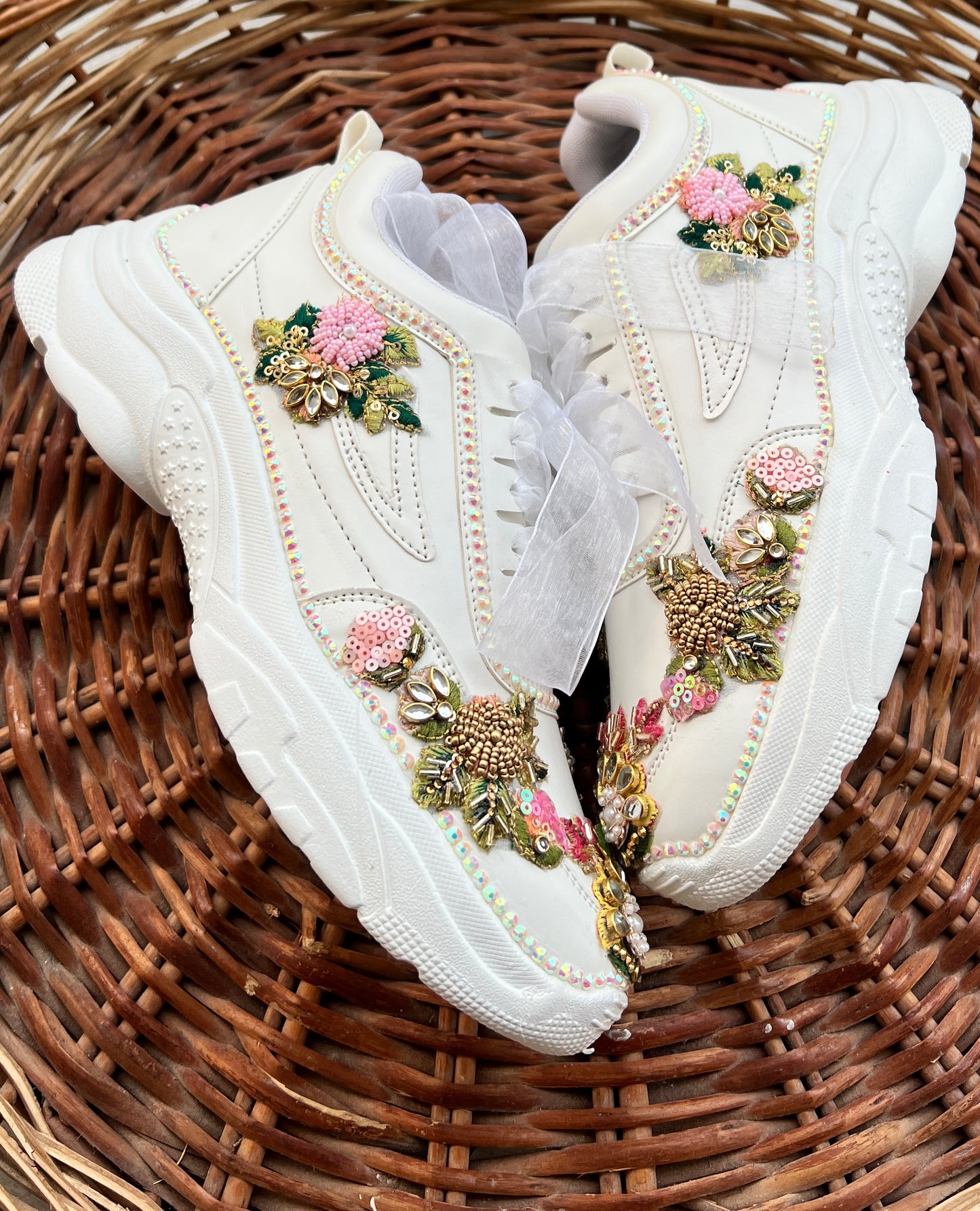 FUNKY N TRENDY hand embroidered floral work sneakers/ white sneakers /bridal shoes / bridal sneakers / minimal sneakers/ bridesmaid sneakers