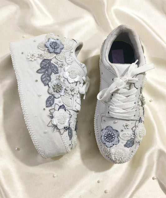 Customized White and Gray garden Bridal Sneakers with Name initials / wedding date– Wedding Shoes for Bride/ white sneakers