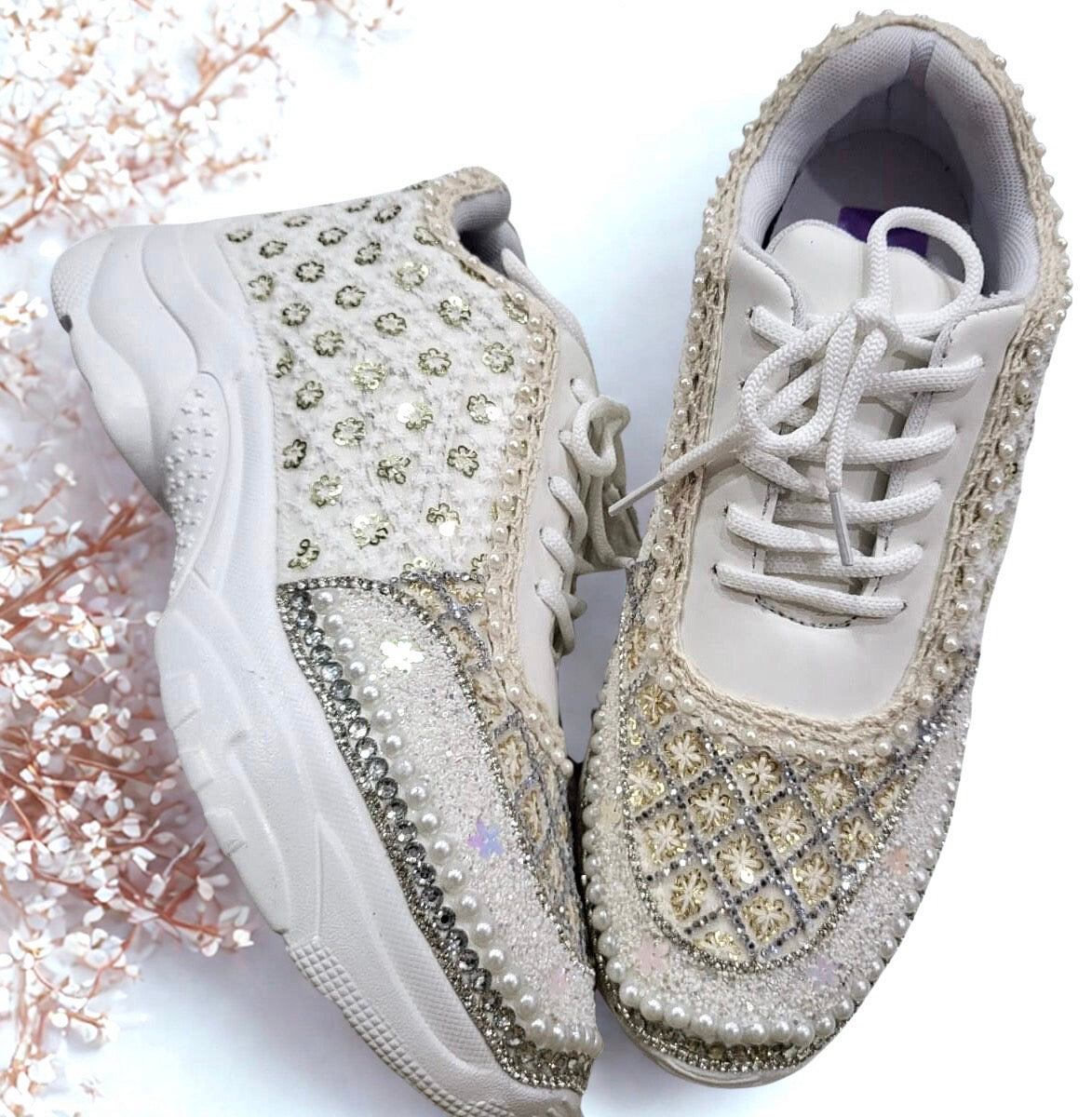 FUNKY N TRENDY Ivory Magic Bridal Sneakers – Custom Bead Detailing with pearls and swaroski