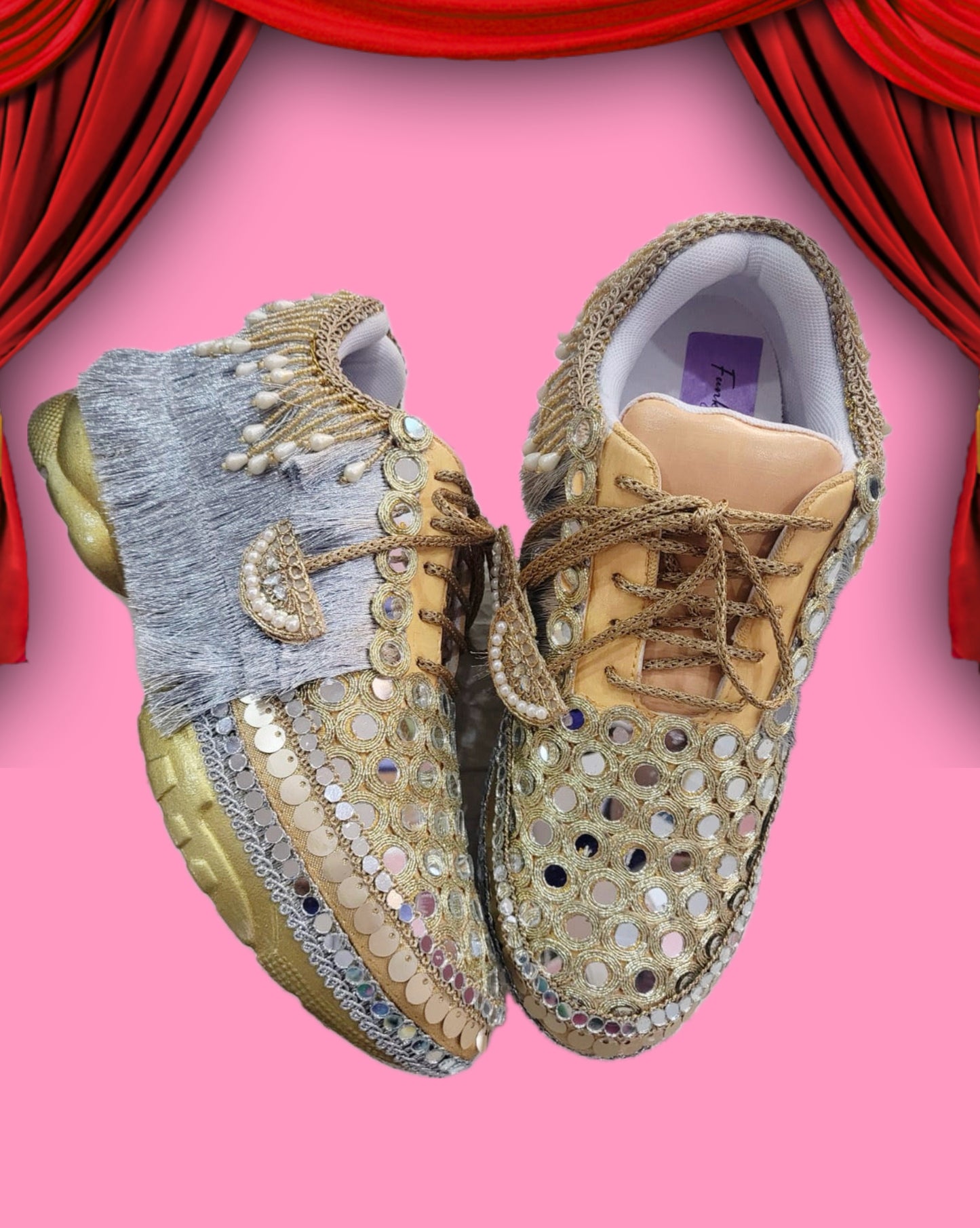 FUNKY N TRENDY dual theme gold silver sneakers for brides / silver sneakers for bridesmaids/ handcrafted sneakers/ golden sneakers / bridal sneakers / bridesmaid sneakers/ golden hand work sneakers