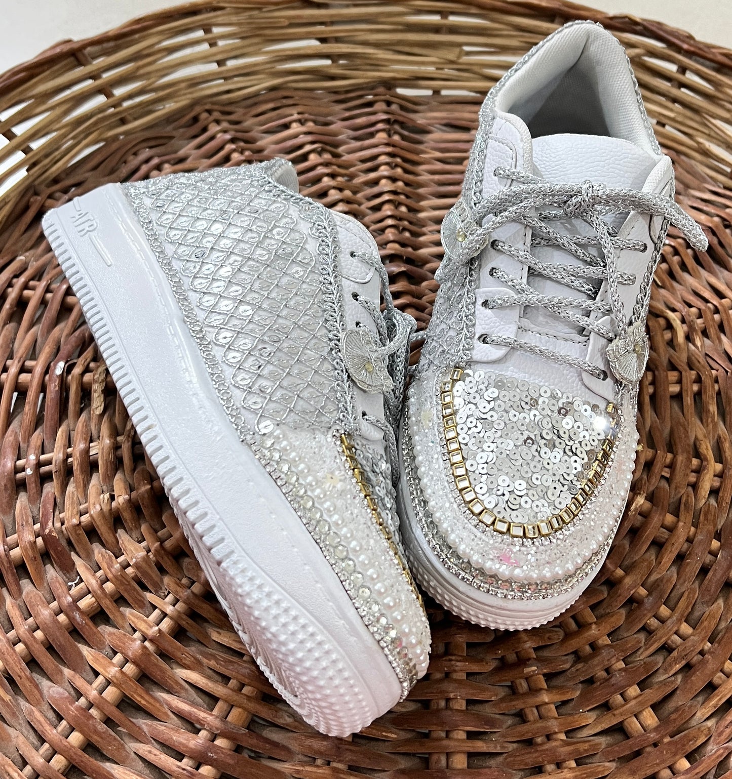 FUNKY N TRENDY hand work bridal sneakers / bridesmaid sneakers/ silver sneakers / silver shoes/mirror sneakers mirror shoes/ bride shoes/ embroidered shoes