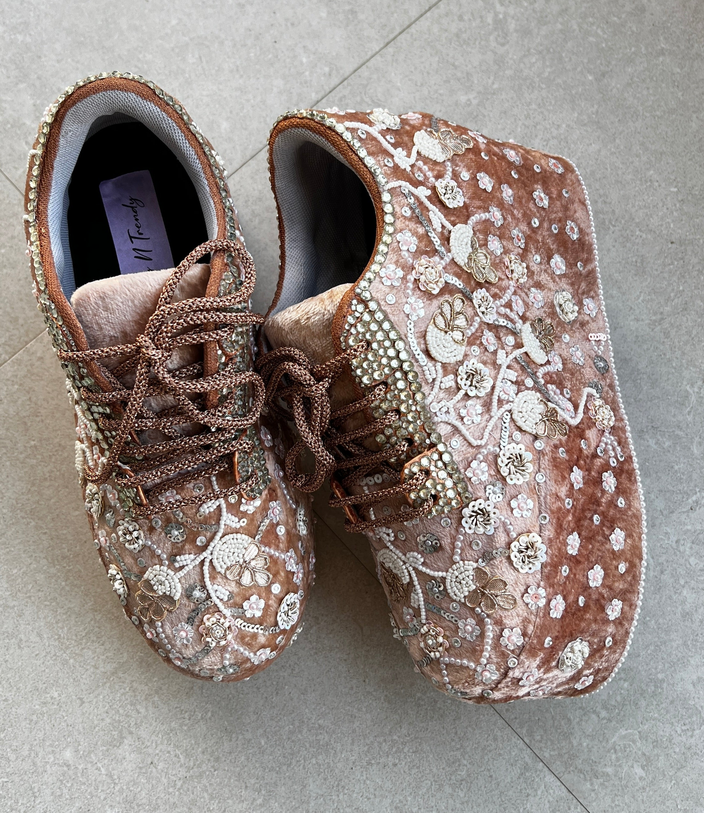 FUNKY N TRENDY rose gold with pearl Embroidered bridal sneakers - wedge sneakers heeled sneakers/ pearl work sneakers