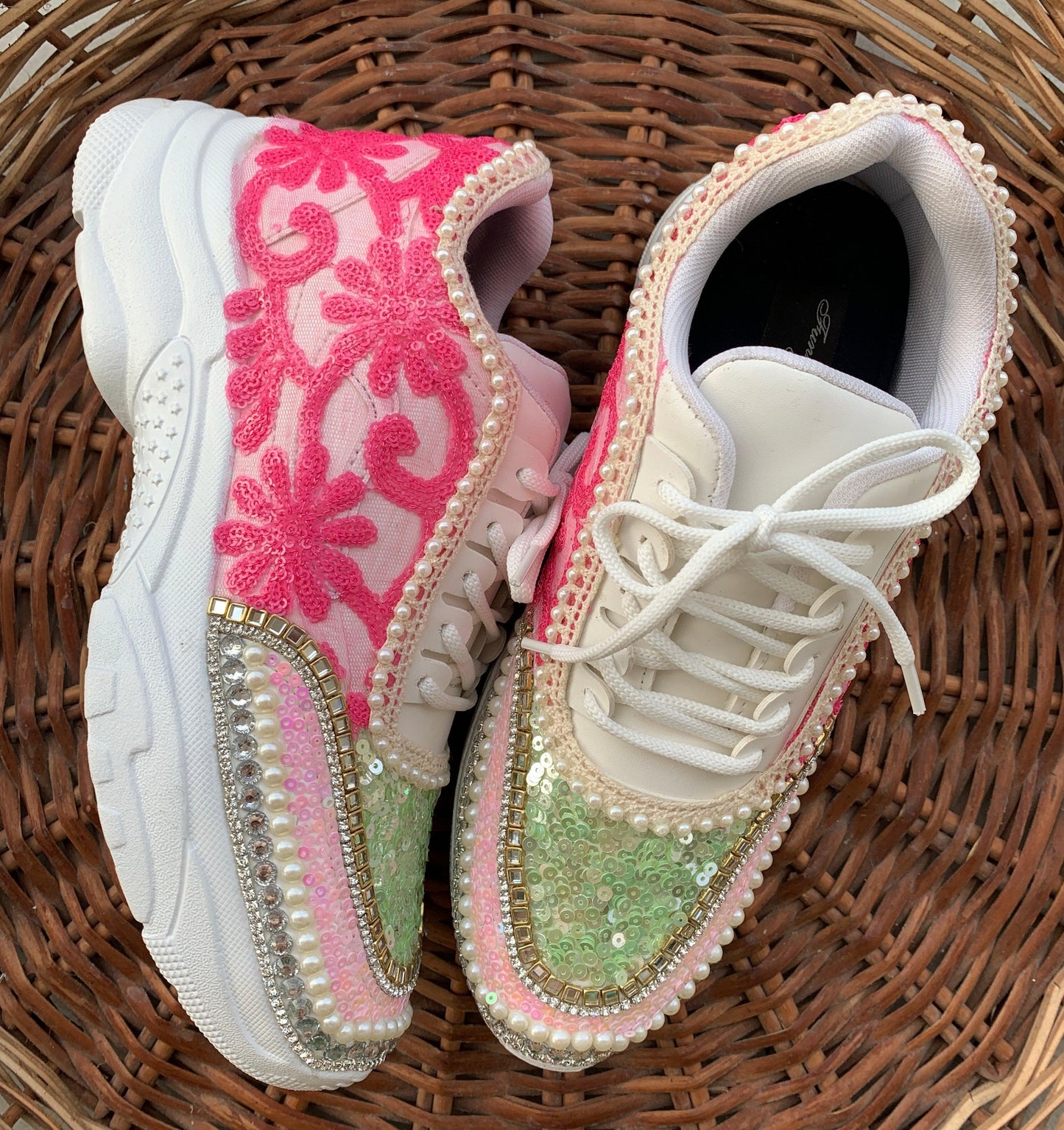FUNKY N TRENDY hand embroidered pink and green floral work sneakers / bridal sneakers / pink sneakers / pink and green sneakers for brides or bridesmaid