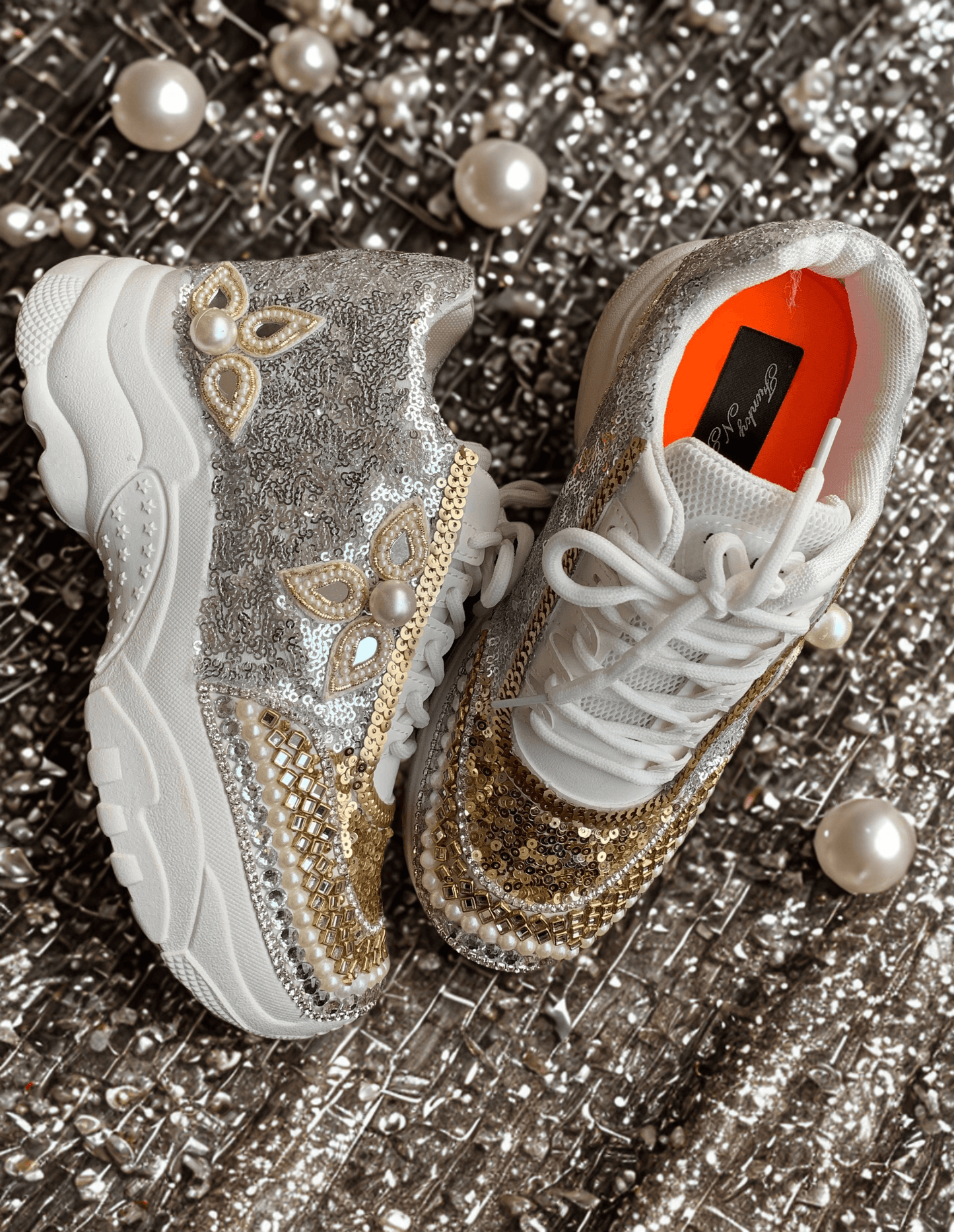 FUNKY N TRENDY dual color gold and silver sequine work sneakers for brides / bridesmaids/ gold sneakers / silver sneakers / gold shoes / silver shoes