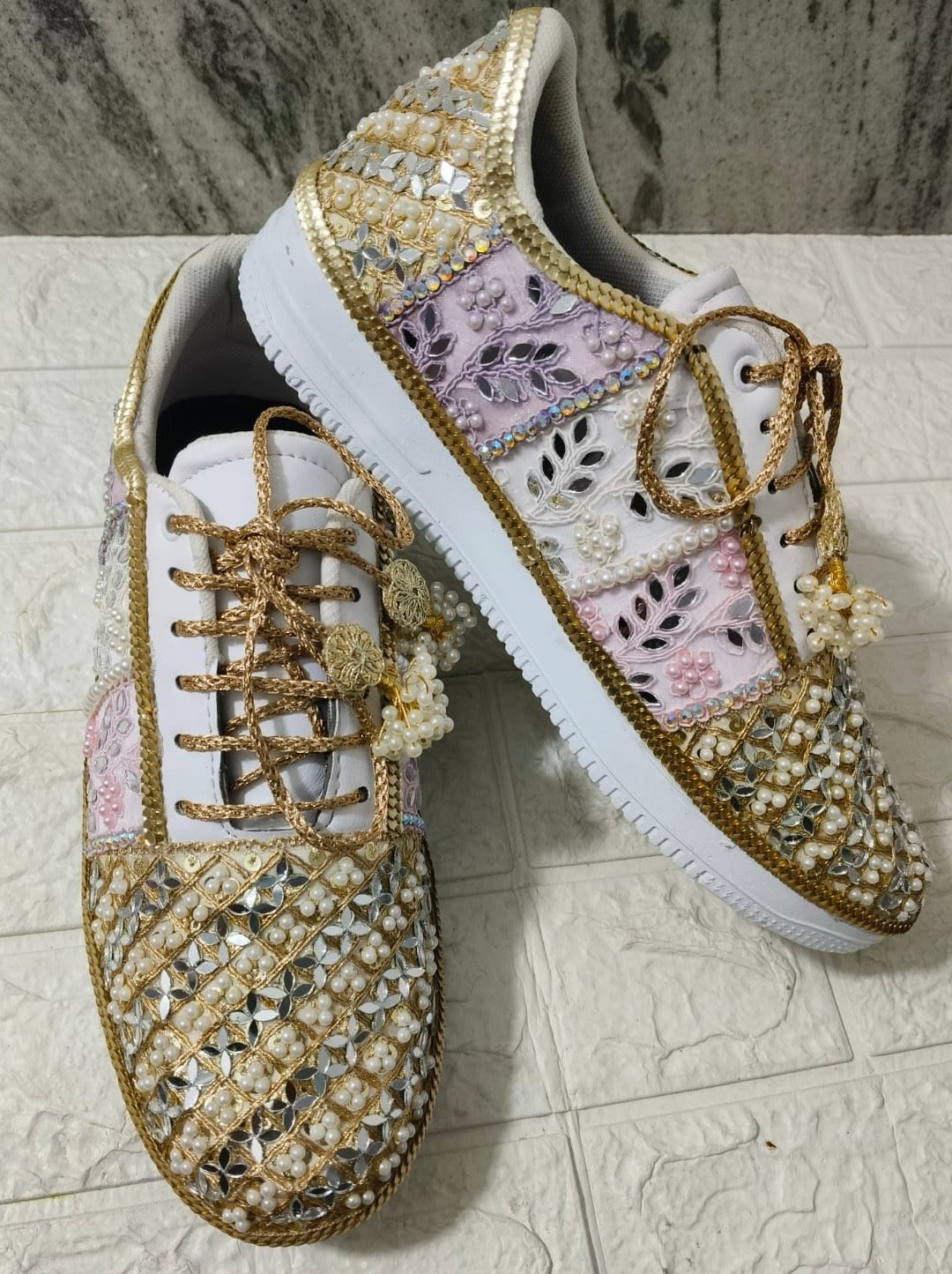 FUNKY N TRENDY pink purple and gold sneakers for brides / bridesmaids/ pink sneakers / baby pink sneakers / bridal sneakers / bridesmaid sneakers/ golden hand work sneakers/ pink shoes with custom name initials