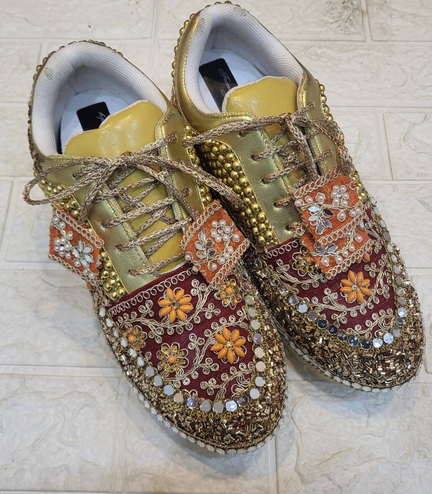 Funky N Trendy Maroon Gold Orange embroidery work bridal sneakers/ bridesmaid sneaker / golden sneakers/ Maroon sneakers / gold shoes/ orange sneakers