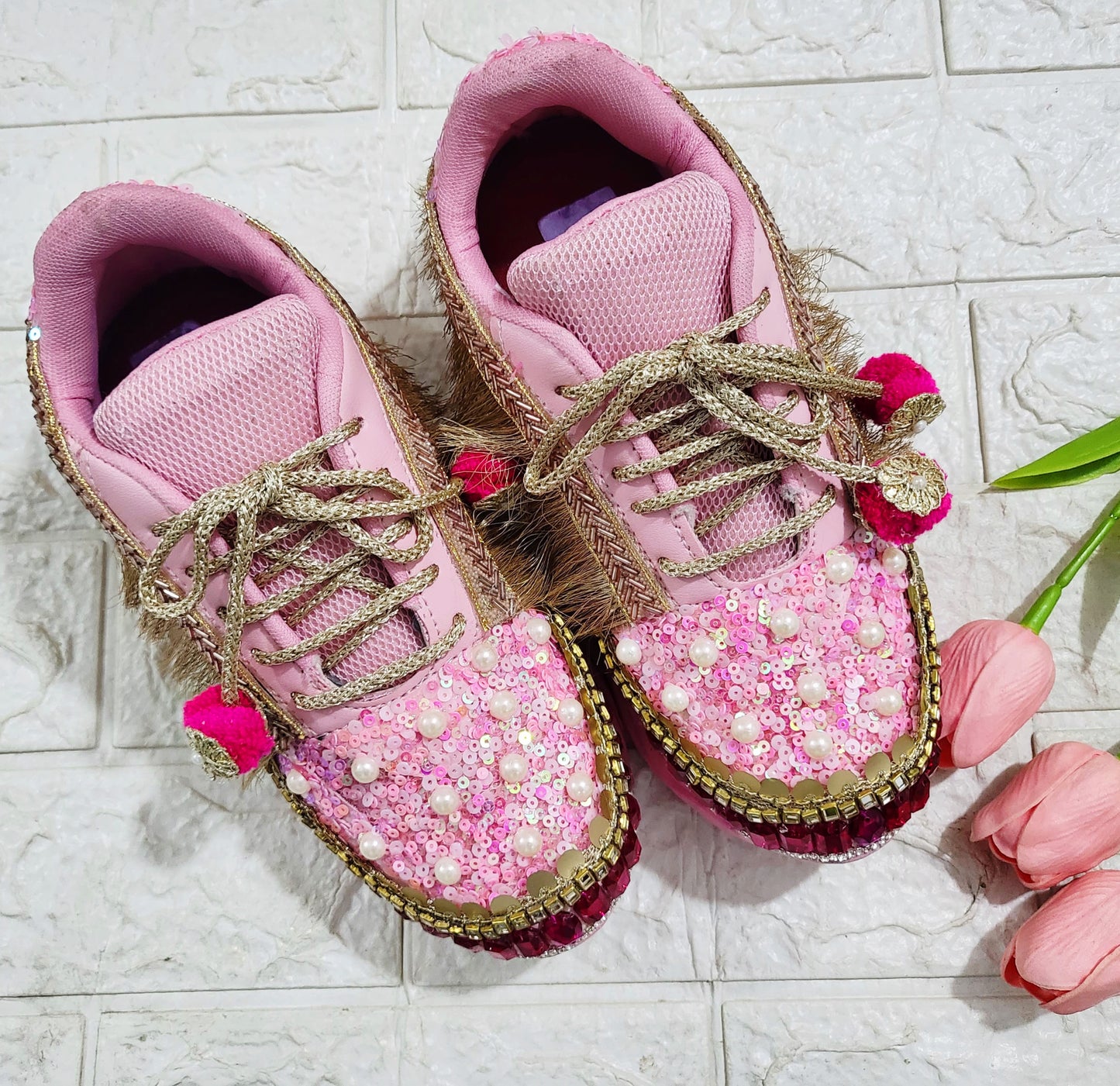 Funky N Trendy Hot pink sequine work with stone detailing bridal sneakers/ bridesmaid sneaker / golden sneakers/ hot pink sneakers / pink shoes for bride/ rani pink sneakers