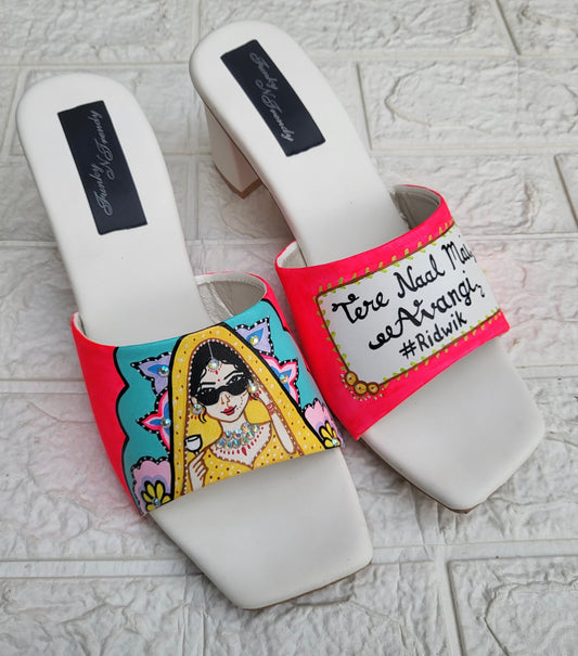 FUNKY N TRENDY hand painted water resistant wedding theme block heels for bride / handpainted heels / quirky heels/ kudi pataka sandals / kudi pataka heels / orange heels