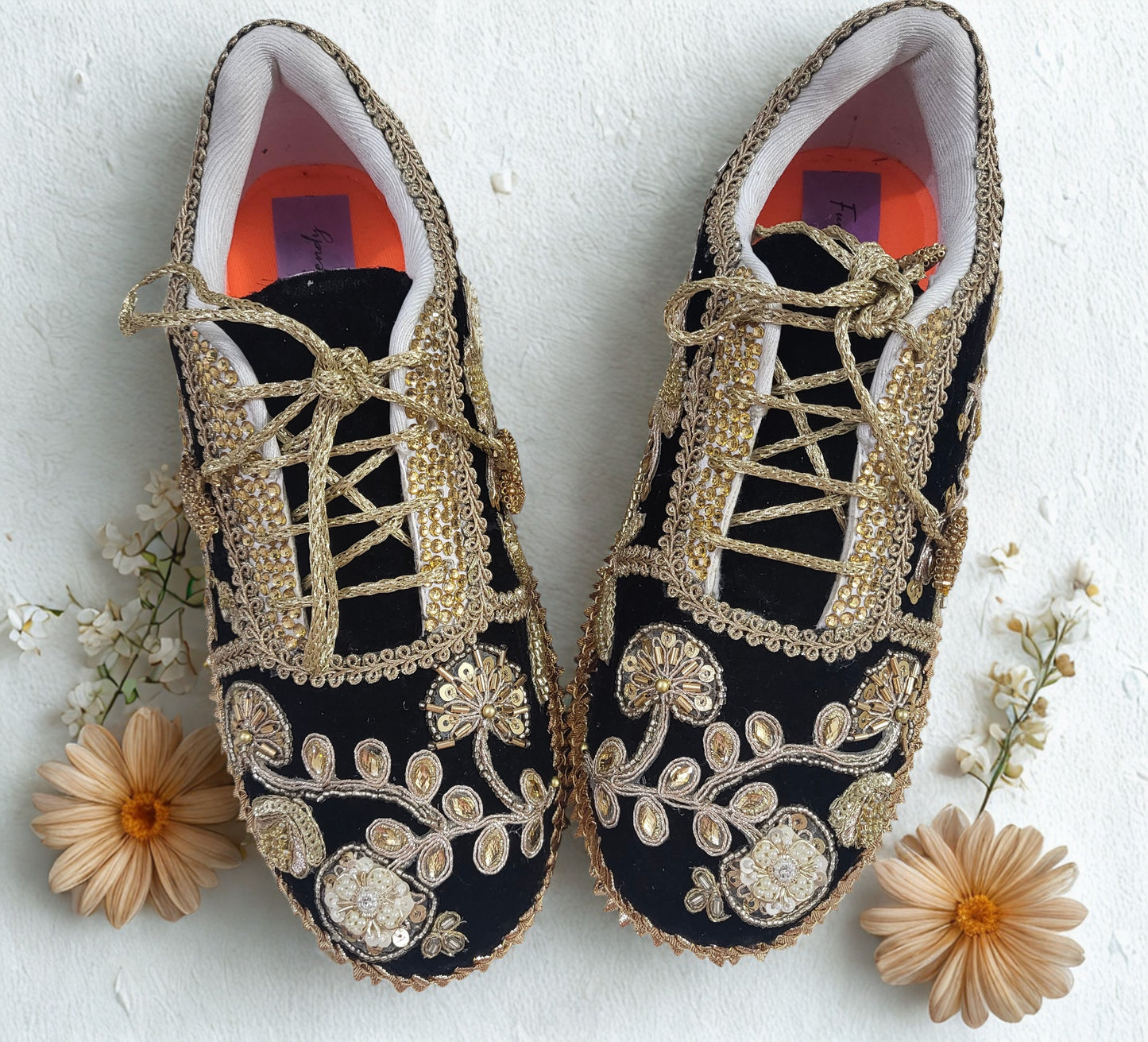 Funky N Trendy handcrafted hand embroidered cutdana work bridal sneakers/ bridesmaid sneaker / black sneakers /black boho sneakers/ black shoes/ unisex shoes / men shoes / women shoes