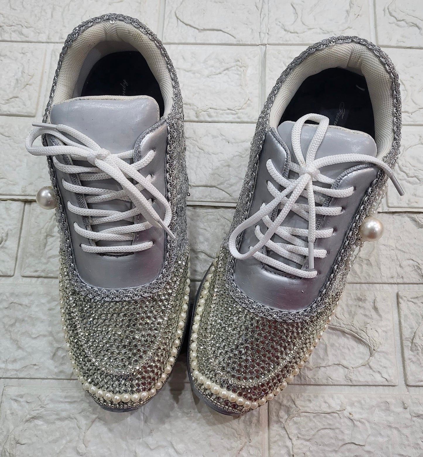 FUNKY N TRENDY rhinestone work bridal sneakers / bridesmaid sneakers/ silver sneakers / silver shoes/ rhinestone sneakers mirror shoes/ bride shoes/ embroidered shoes