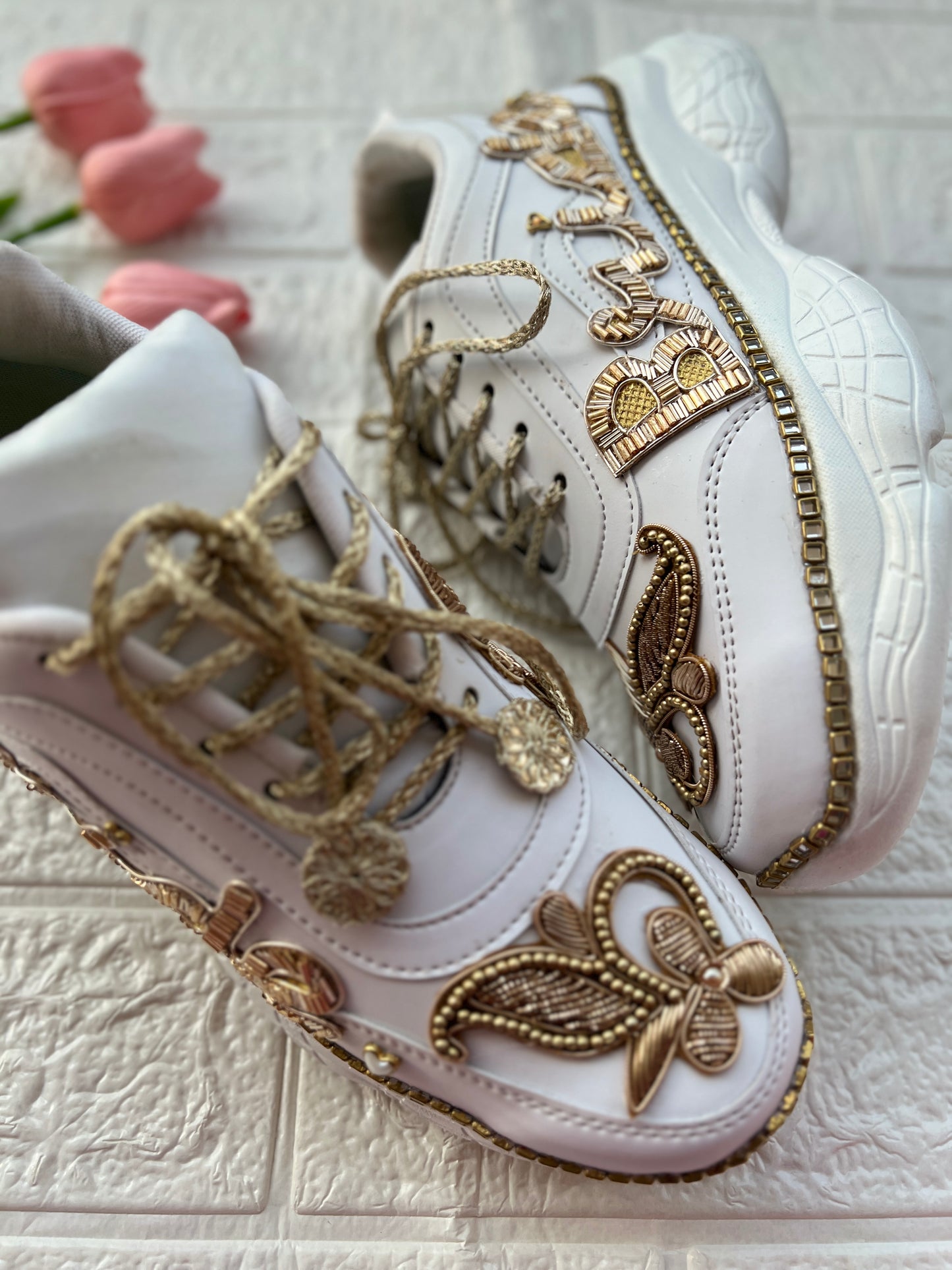 Funky N Trendy hand embroidered Bride word with zardozi and cutdana / bridal sneakers/ sneaker for bride / zardozi sneakers/ golden sneakers for bride / custom wedding date and hashtag
