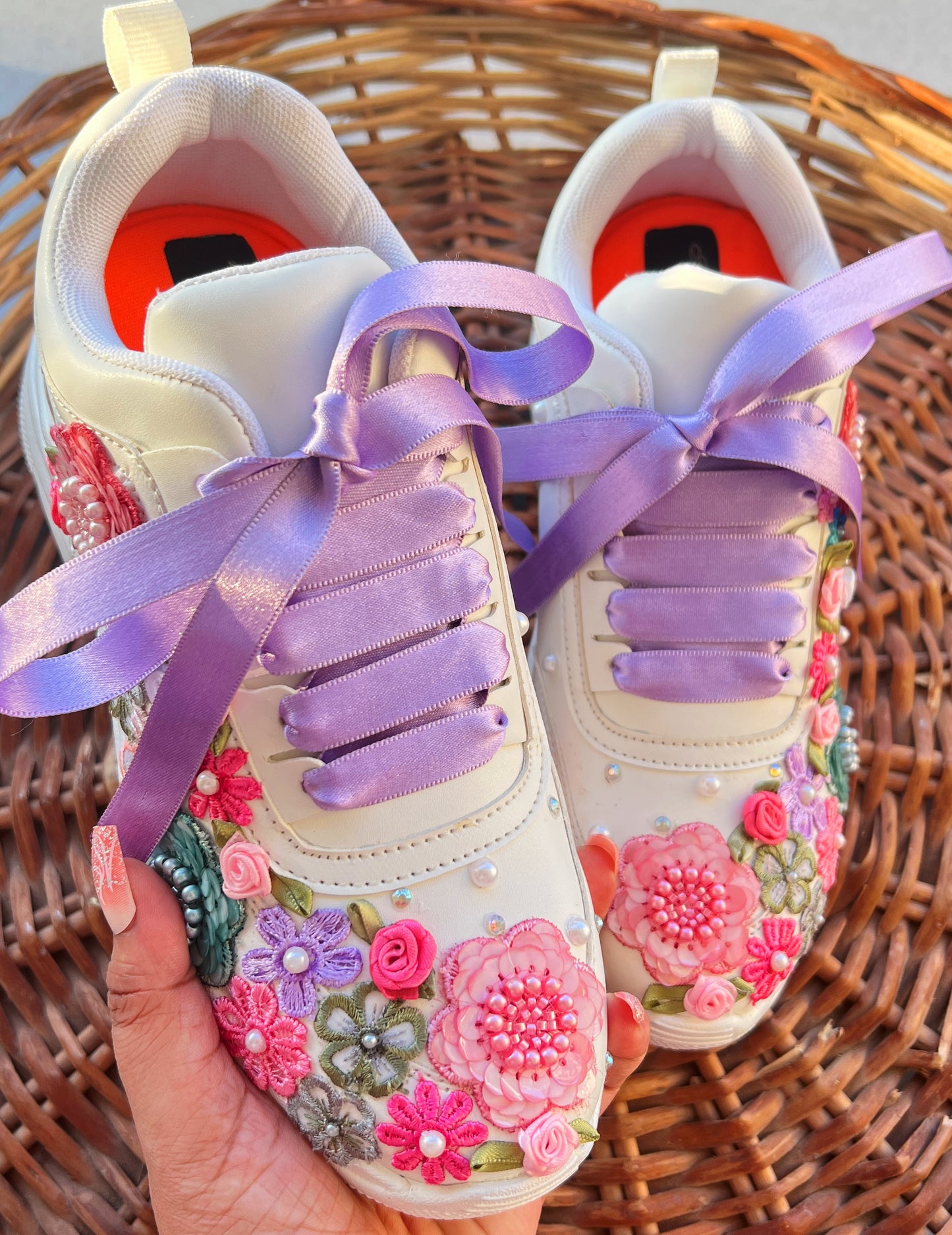 FUNKY N TRENDY hand embroidered floral work sneakers/ white sneakers /bridal shoes / bridal sneakers / floral sneakers/flower shoes /bridesmaid sneakers/ pink shoes / pink sneakers