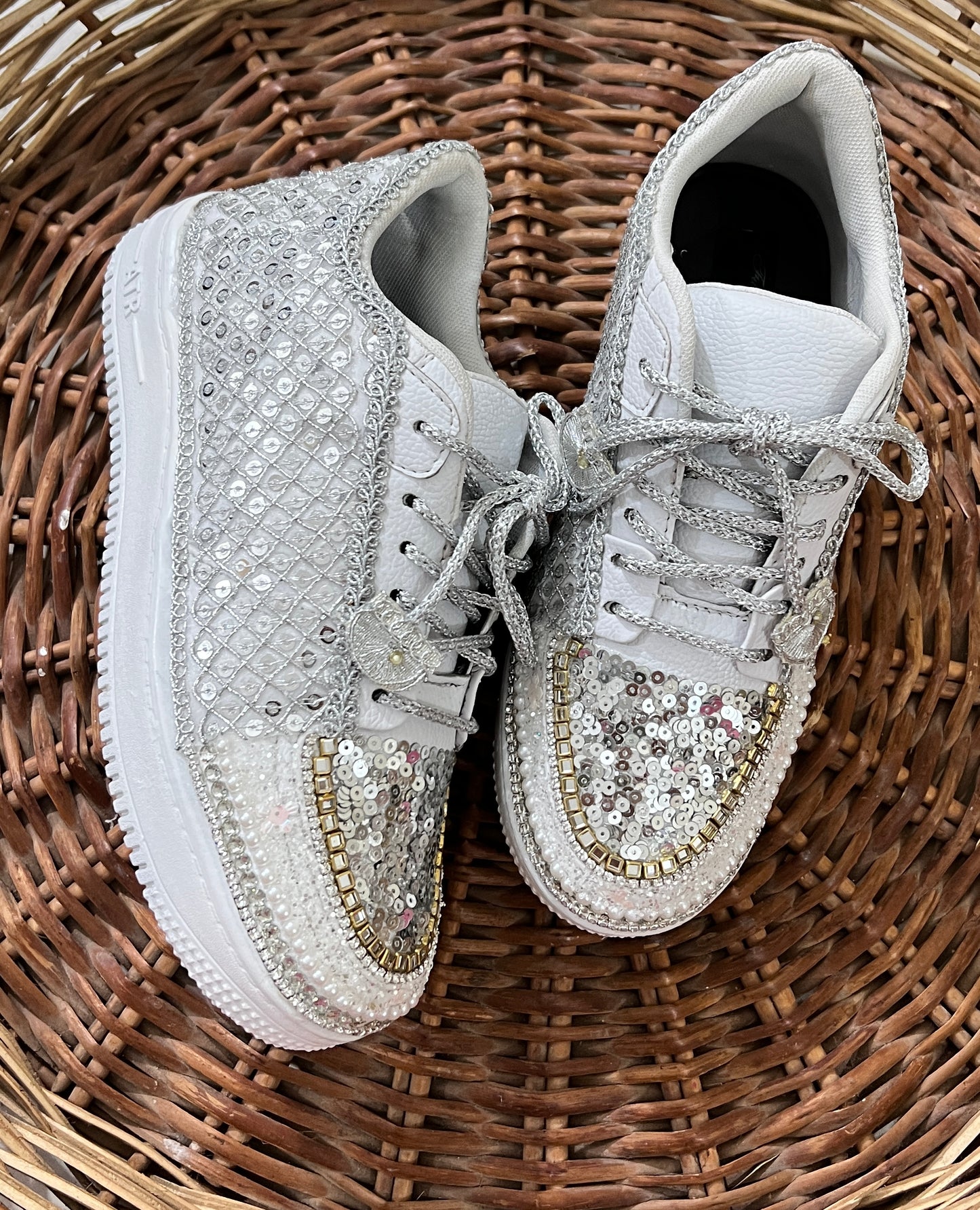 FUNKY N TRENDY hand work bridal sneakers / bridesmaid sneakers/ silver sneakers / silver shoes/mirror sneakers mirror shoes/ bride shoes/ embroidered shoes