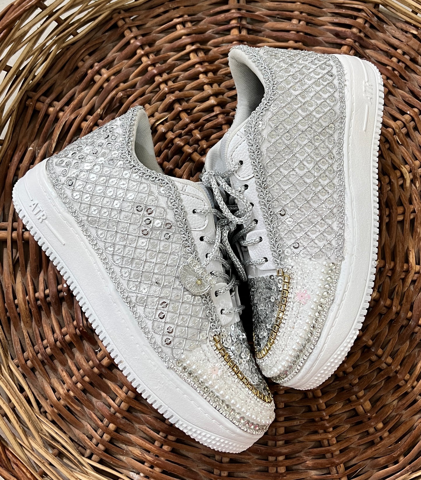 FUNKY N TRENDY hand work bridal sneakers / bridesmaid sneakers/ silver sneakers / silver shoes/mirror sneakers mirror shoes/ bride shoes/ embroidered shoes