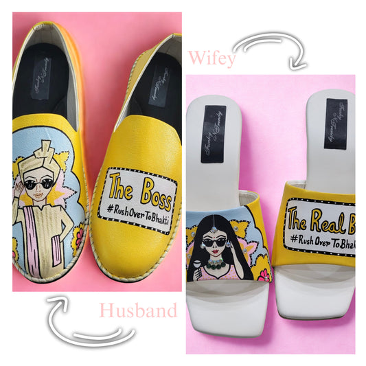 Funky N Trendy Couple footwear/ bridal footwear / groom footwear/ quirky footwear / couple shoes/funky bridal combos / wedding footwear/ couple footwear for haldi mahendi sangeet/hand painted heels/ wedges / yellow shoes for haldi