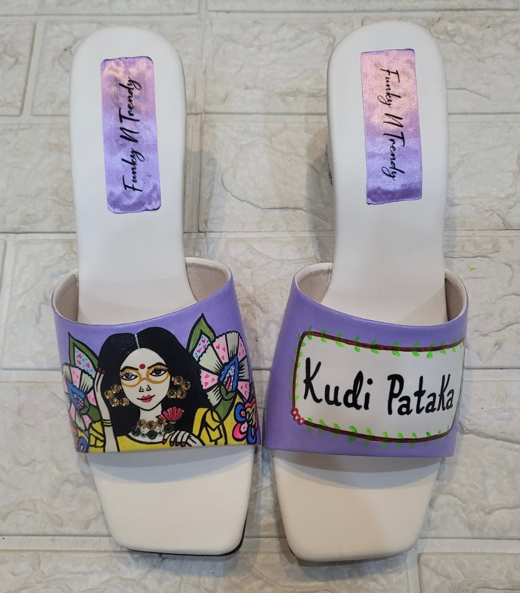 FUNKY N TRENDY hand painted water resistant wedding theme block heels for bride / handpainted heels / quirky heels/ kudi pataka sandals / kudi pataka heels / purple heels