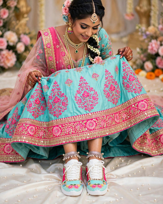 Funky N Trendy hand crafted powder blue theme bridal sneakers/ bridesmaid sneaker / powder blue sneakers/ pink floral theme sneakers / blue pink shoes / floral sneakers