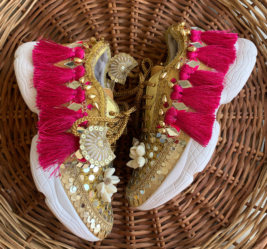FUNKY N TRENDY megenta rani and gold sneakers for brides /bridesmaids / hot pink sneakers for bridesmaids/ handcrafted sneakers/ mirror sneakers / bridal sneakers / bridesmaid sneakers/ gold sneakers / megenta sneakers/ rani sneakers