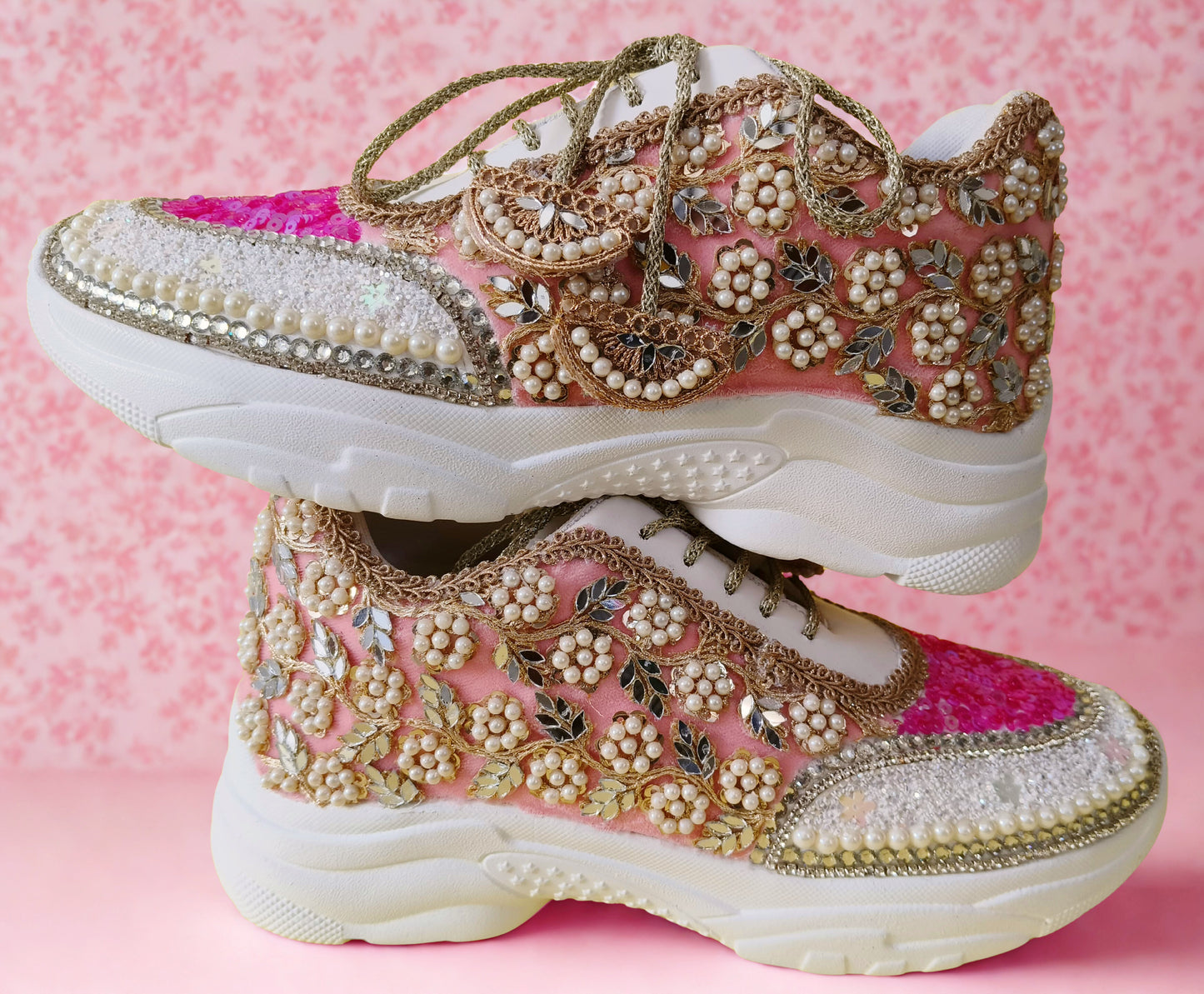 “Flower blossom Pink Bridal Sneakers – Floral Embroidery”