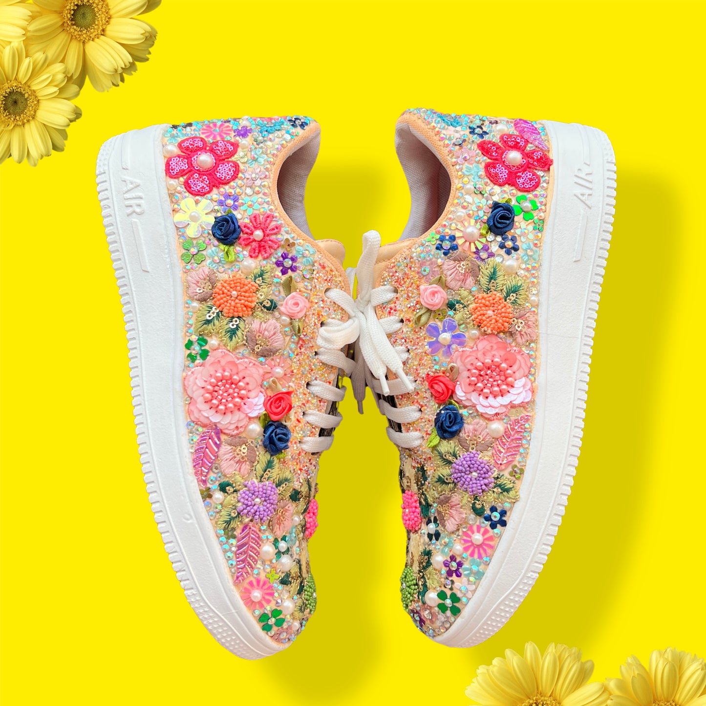 FUNKY N TRENDY fully hand crafted floral work with beads rhinestones cutdana etc /bridal sneakers / bridesmaid sneakers/ floral sneakers /colorful sneakers /bridal shoes / haldi mahendi shoes
