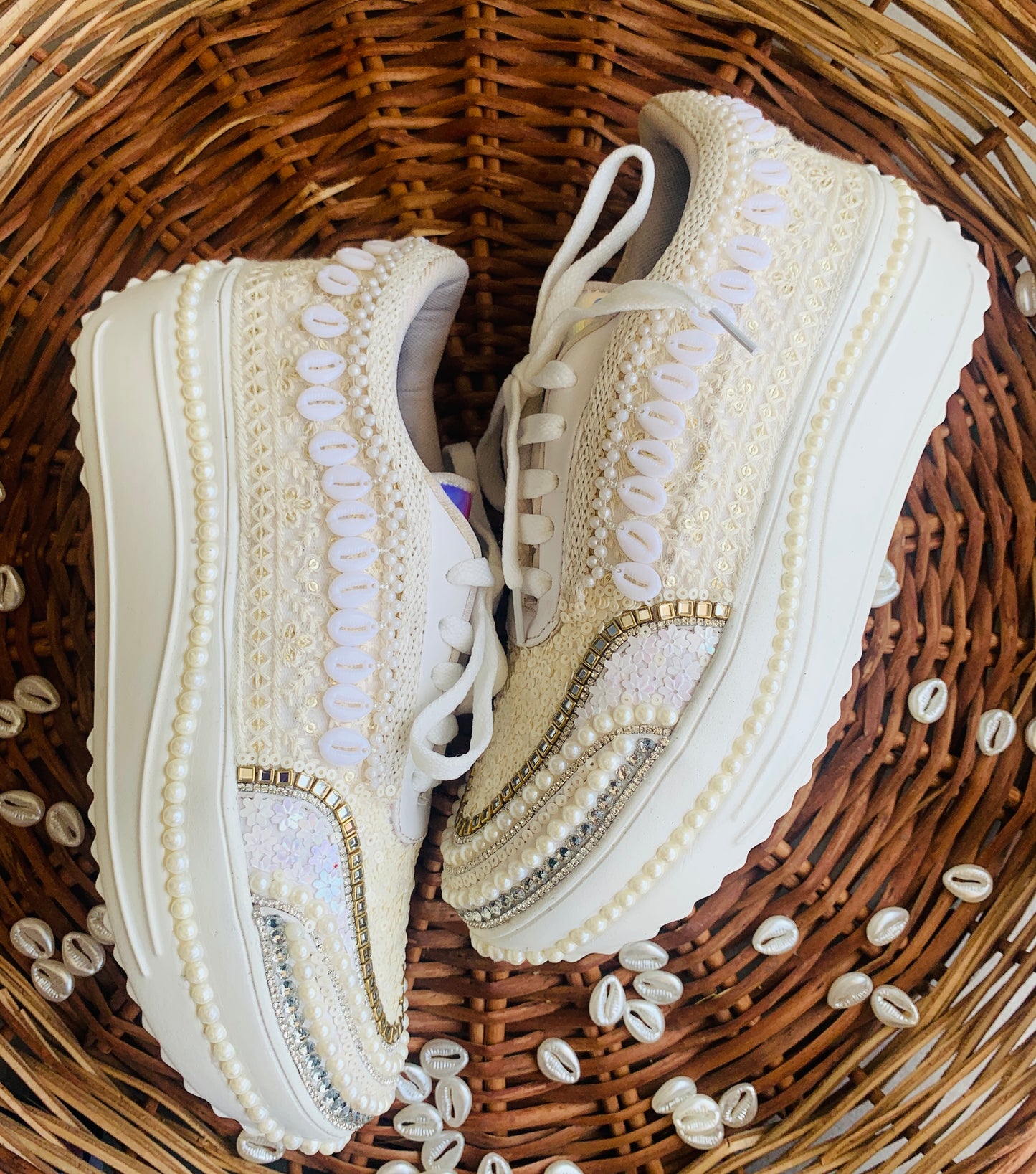 FUNKY N TRENDY ivory minimalistic sneakers with pearl detailing for brides /bridesmaids / sneakers for bridesmaids/ handcrafted sneakers/ sequine sneakers / bridal sneakers / bridesmaid sneakers/ ivory sneakers / minimal shoes