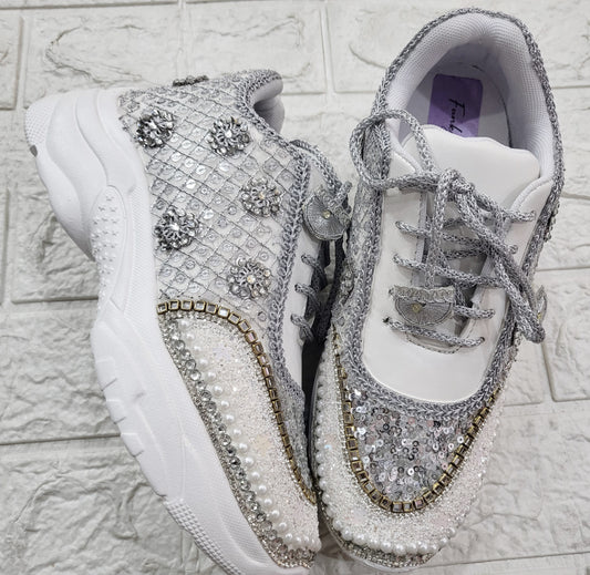 FUNKY N TRENDY hand work bridal sneakers / bridesmaid sneakers/ silver sneakers / silver shoes/mirror sneakers mirror shoes/ bride shoes/ embroidered shoes